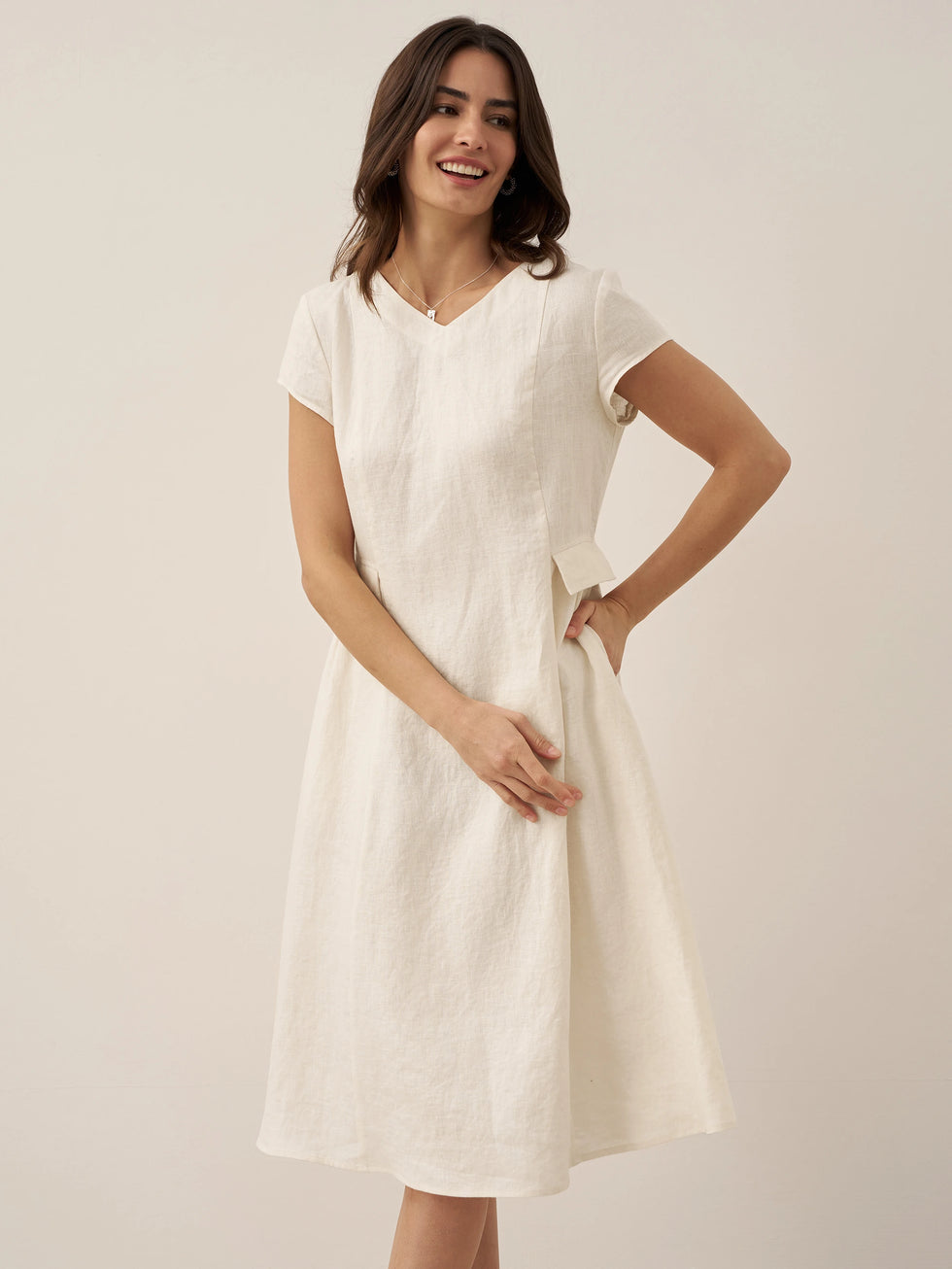 100% Linen Natural Summer V-Neck Dress ALEXA by LINTICO for women