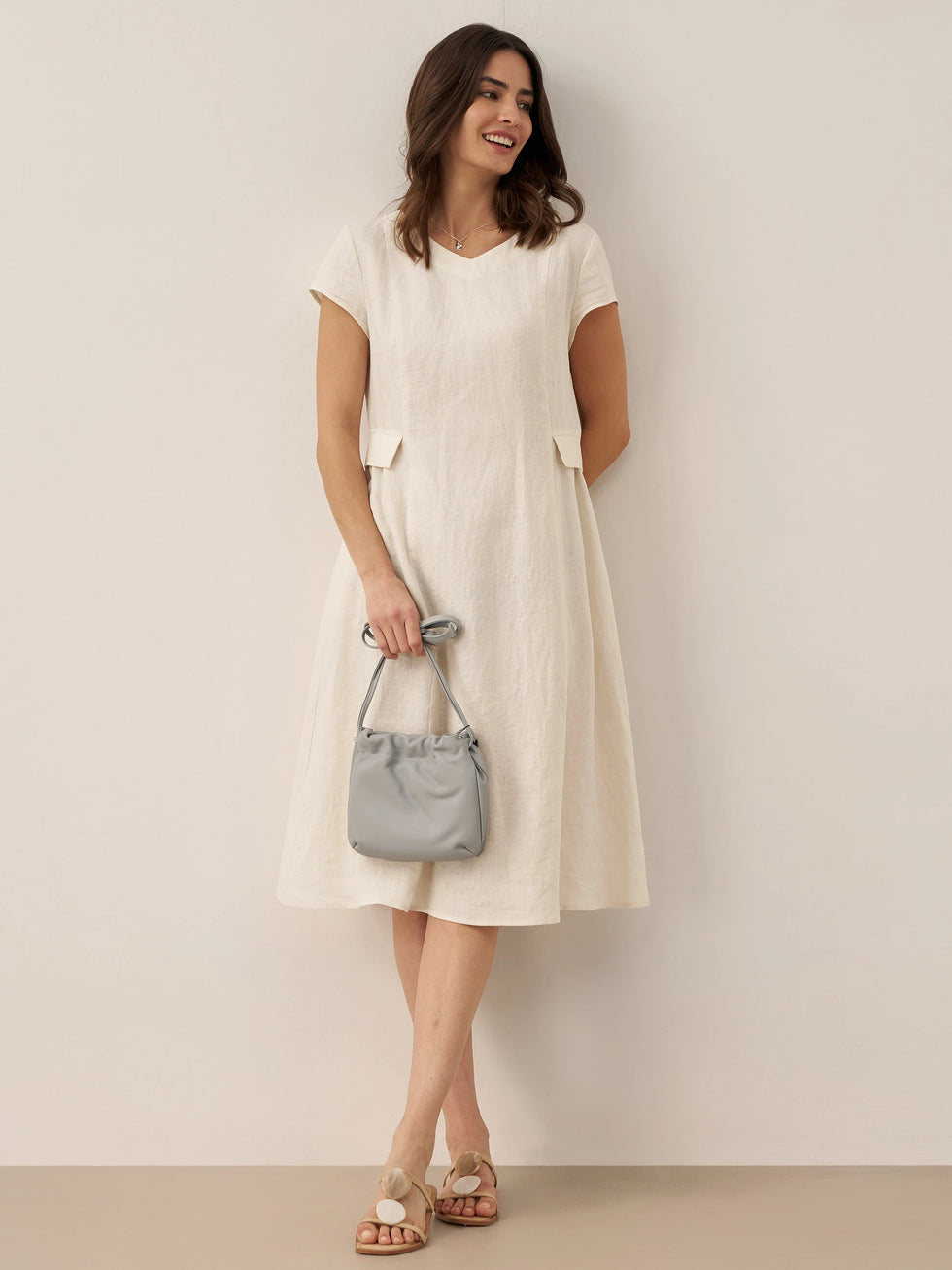 100% Linen Natural Summer V-Neck Dress ALEXA by LINTICO for women