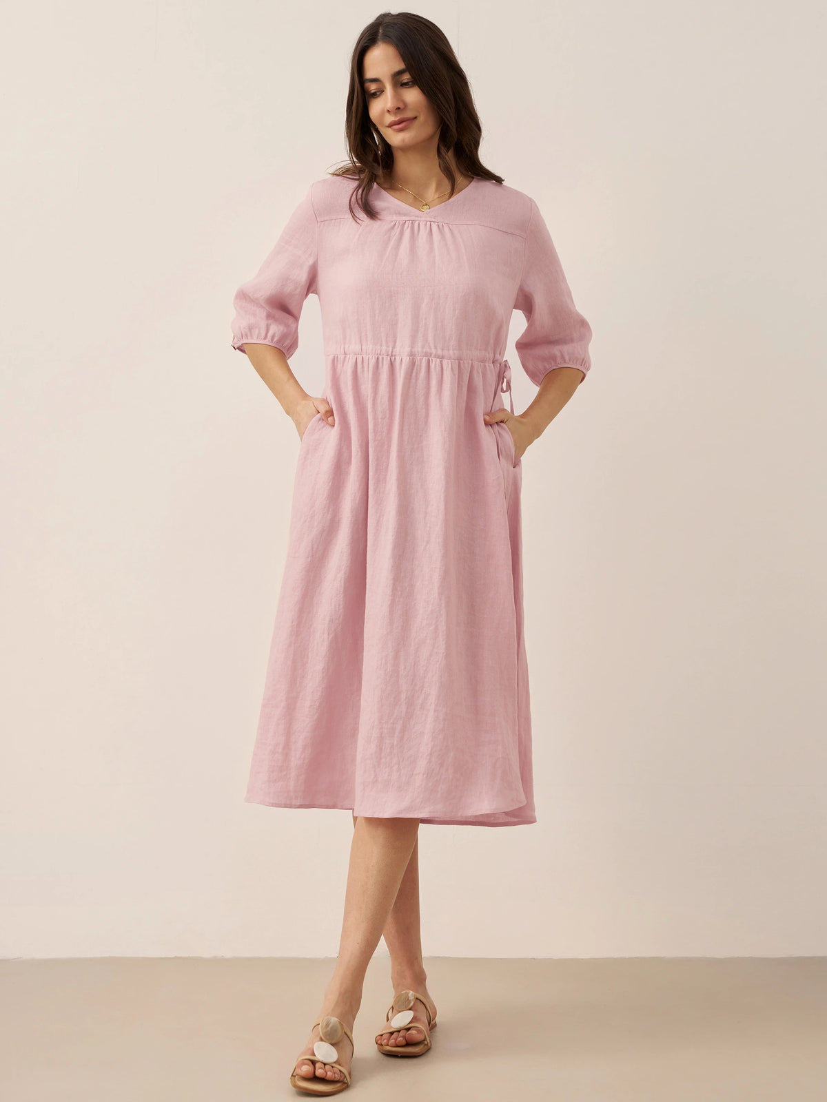 Robe midi femme DIXIE trapèze à taille coulissée en 100% lin de LINTICO