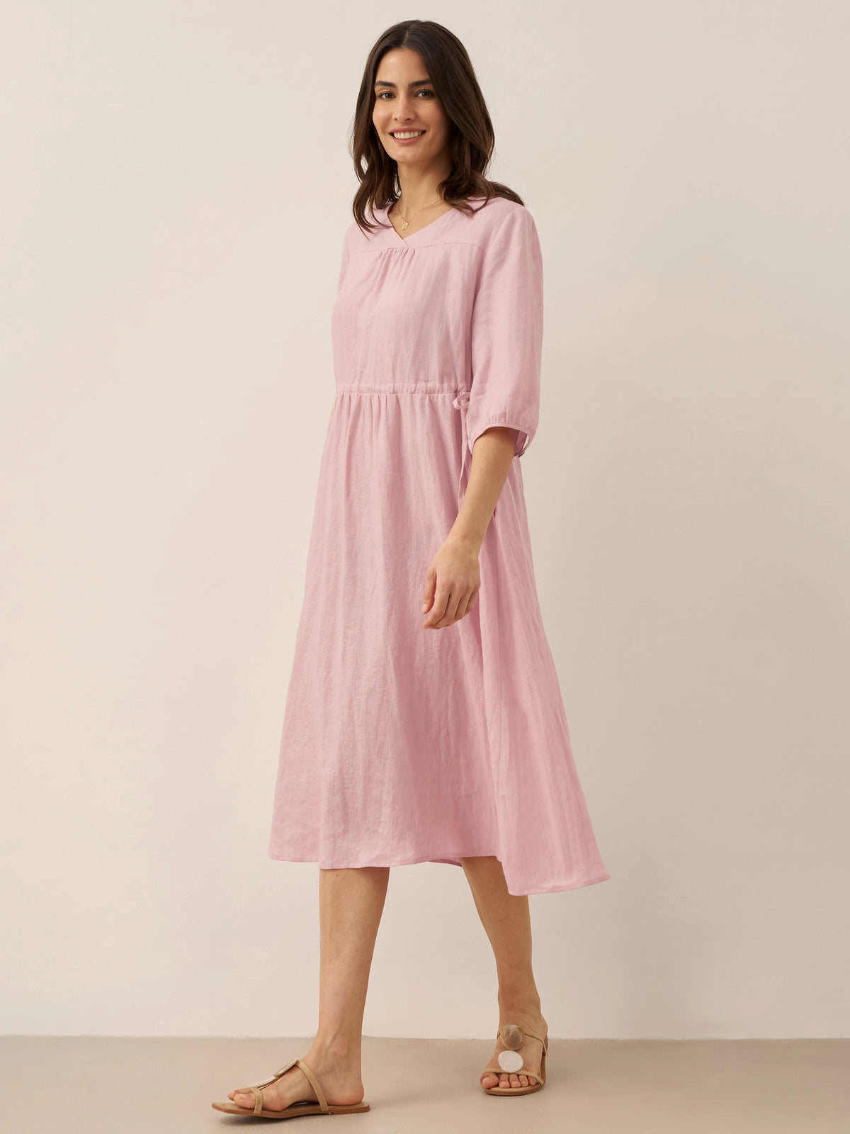 Robe midi femme DIXIE trapèze à taille coulissée en 100% lin de LINTICO