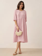 Robe midi femme DIXIE trapèze à taille coulissée en 100% lin de LINTICO