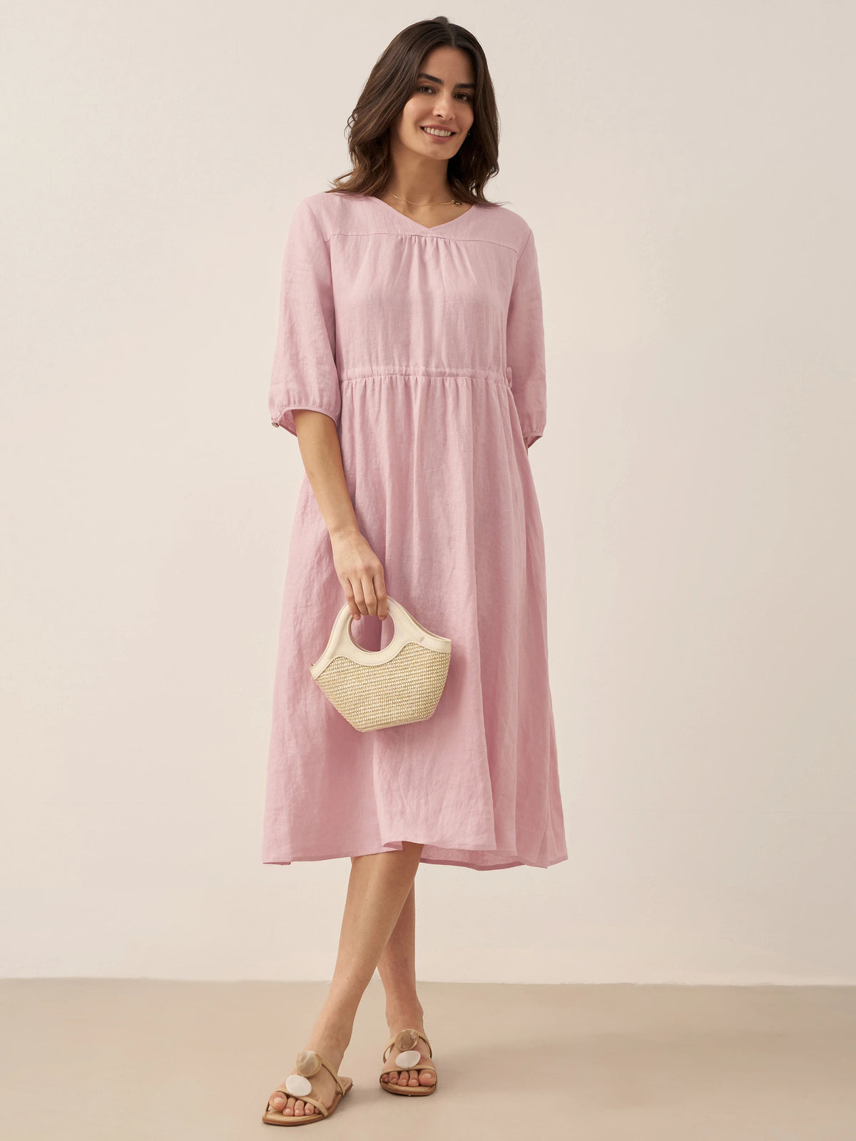 Robe midi femme DIXIE trapèze à taille coulissée en 100% lin de LINTICO