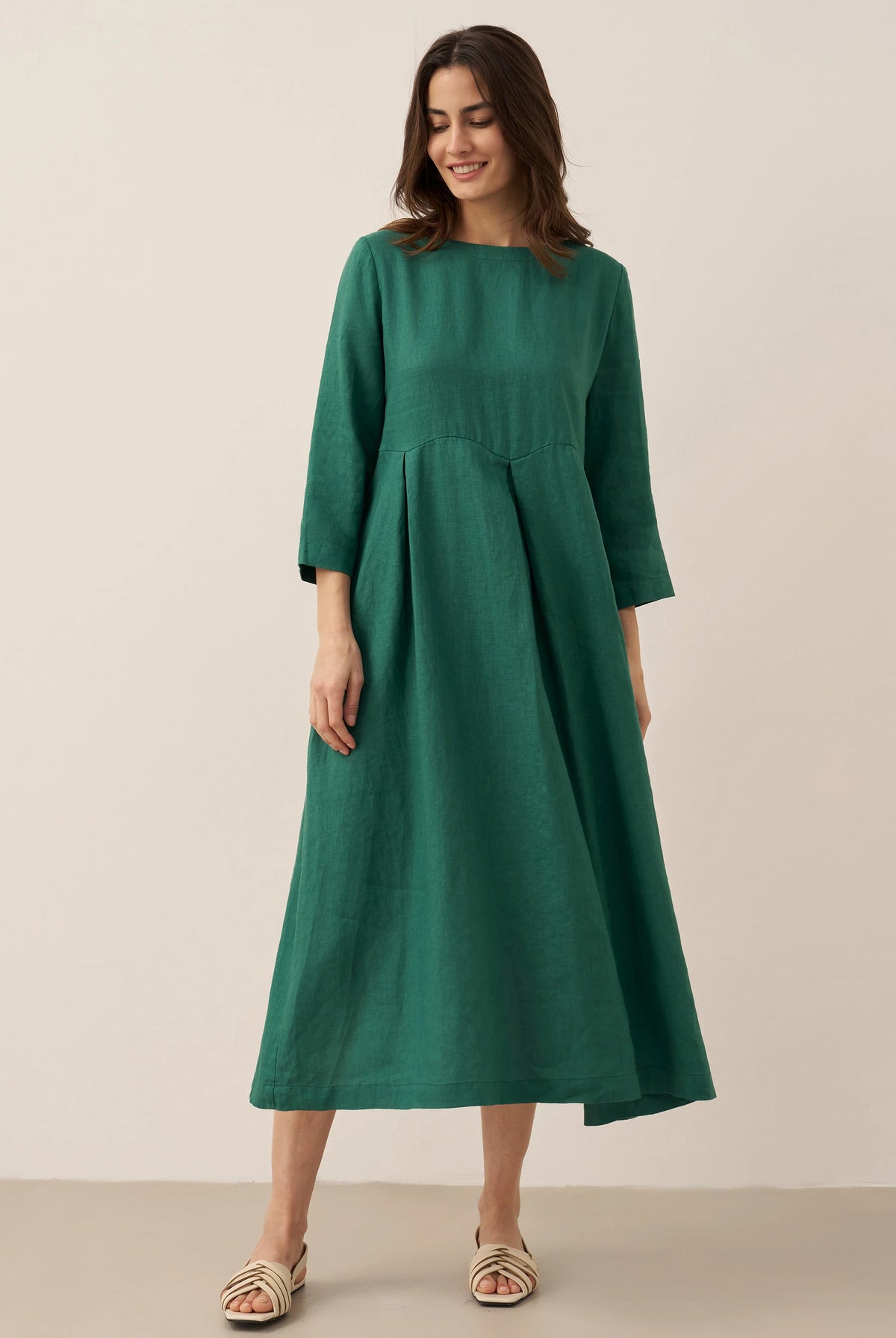 100% Linen Bateau Neck Pleated Midi Dress ABIGAIL by LINTICO for women