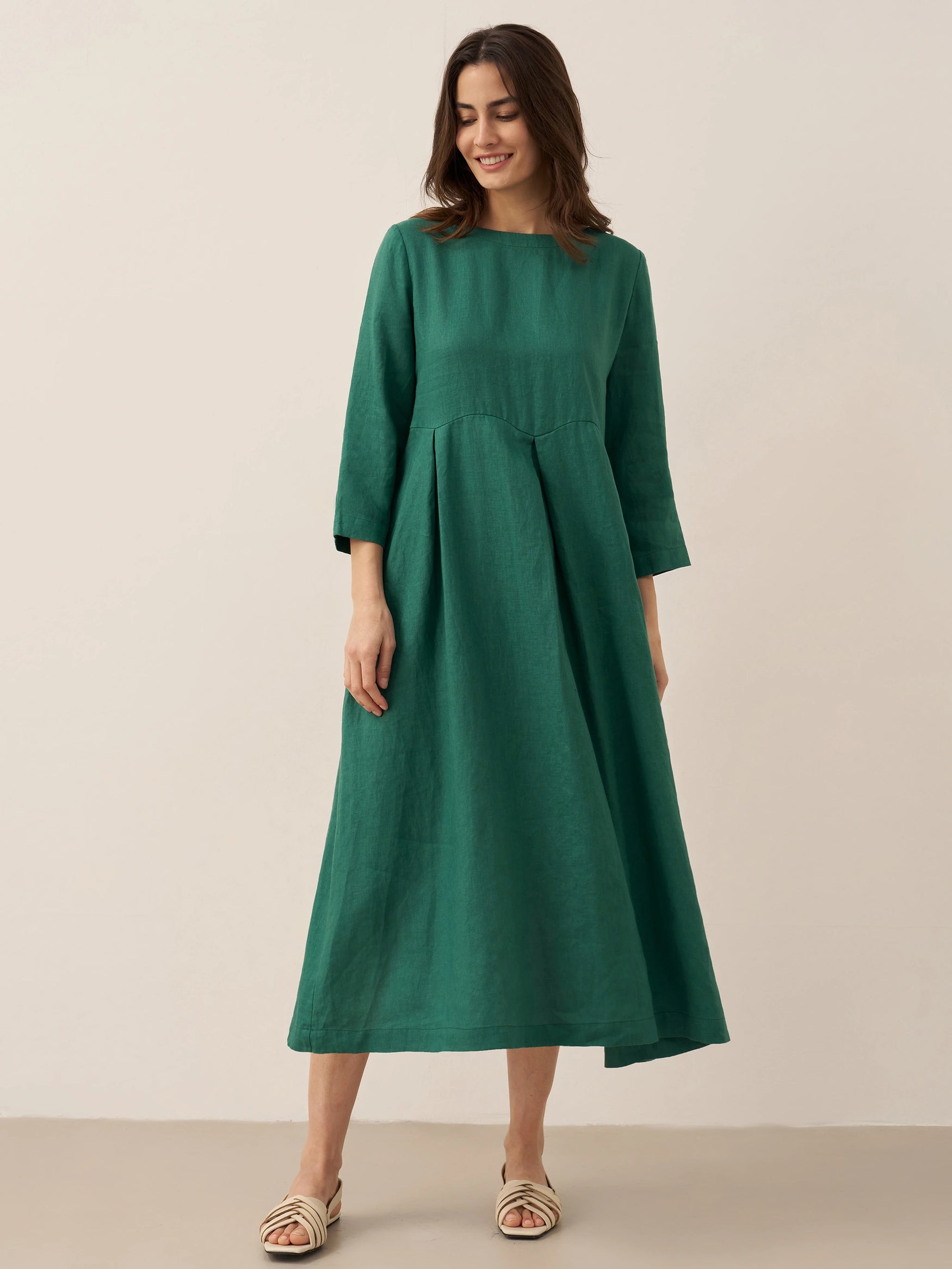 100% Linen Bateau Neck Pleated Midi Dress ABIGAIL by LINTICO for women
