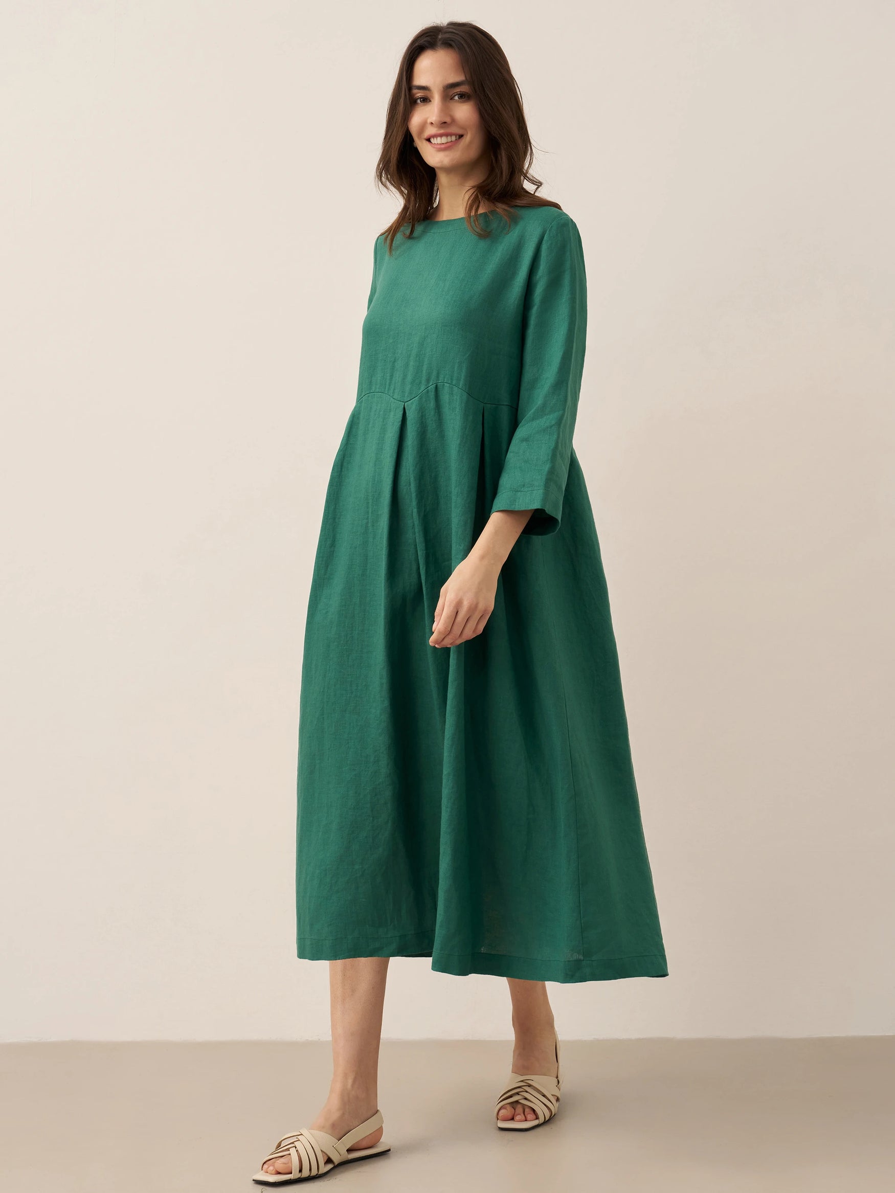 100% Linen Bateau Neck Pleated Midi Dress ABIGAIL by LINTICO for women