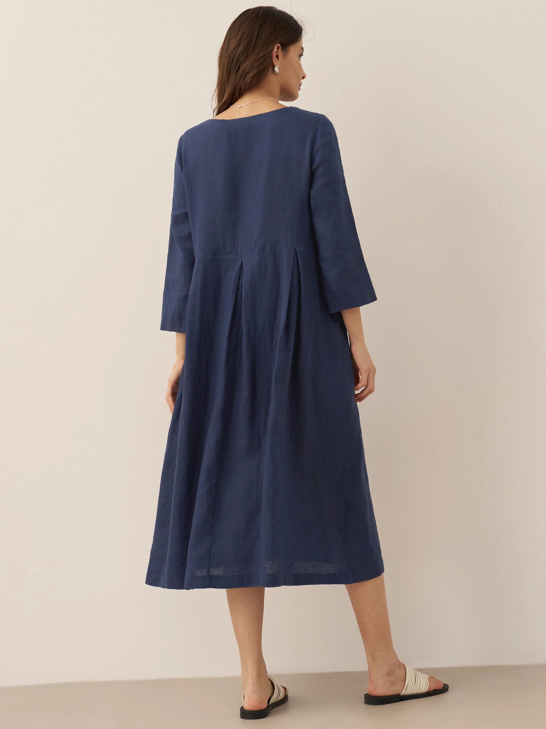 100% Linen Bateau Neck Pleated Midi Dress ABIGAIL by LINTICO for women