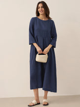 100% Linen Bateau Neck Pleated Midi Dress ABIGAIL by LINTICO for women