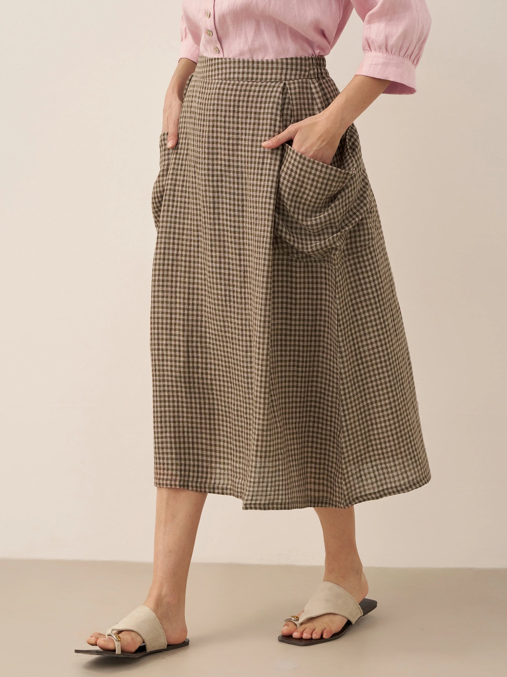 Linen Checked Elastic Waist Skirt MARINA by LINTICO for women