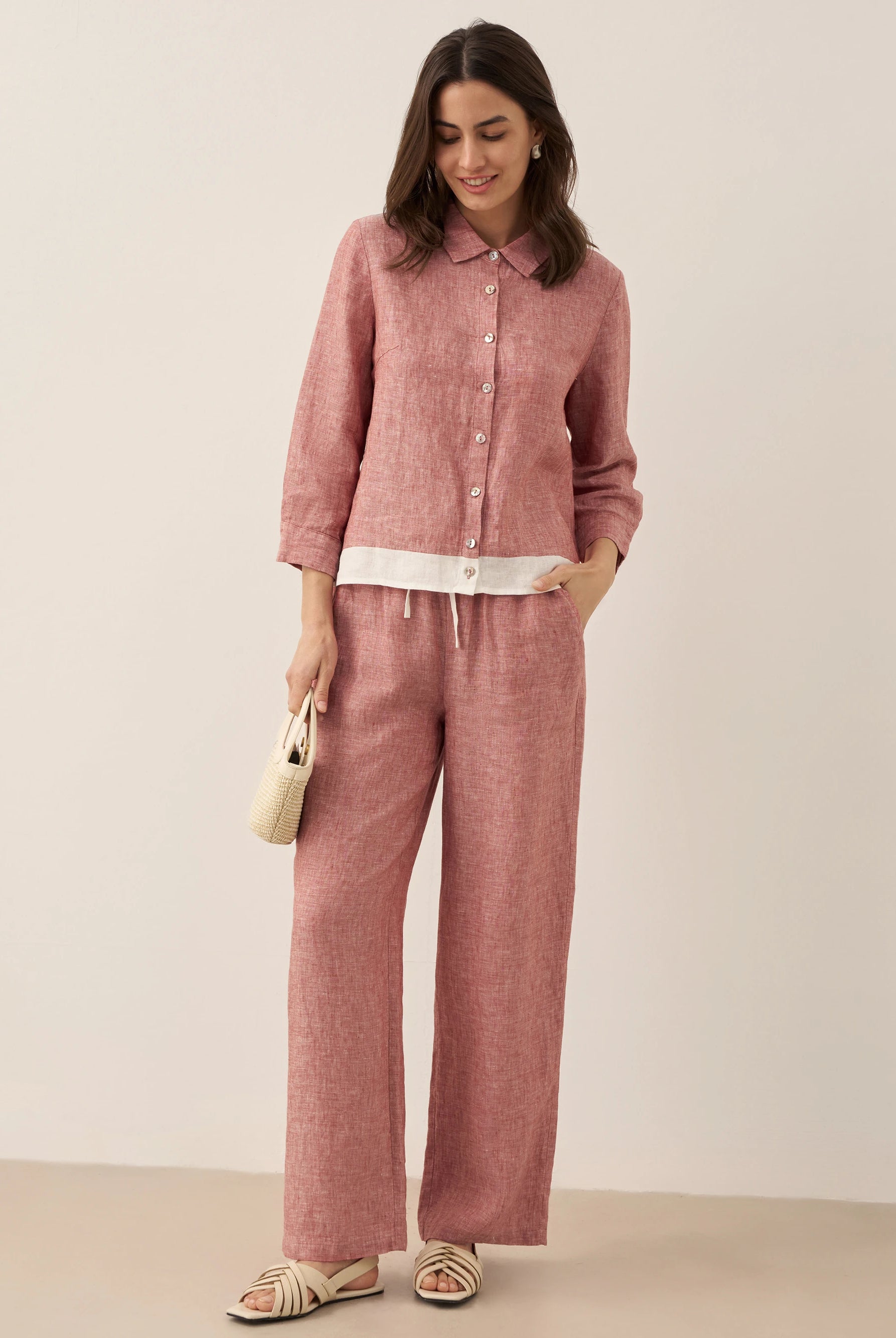 100% Linen Elastic Waist Straight-Leg Trousers JOURDAN by LINTICO for women