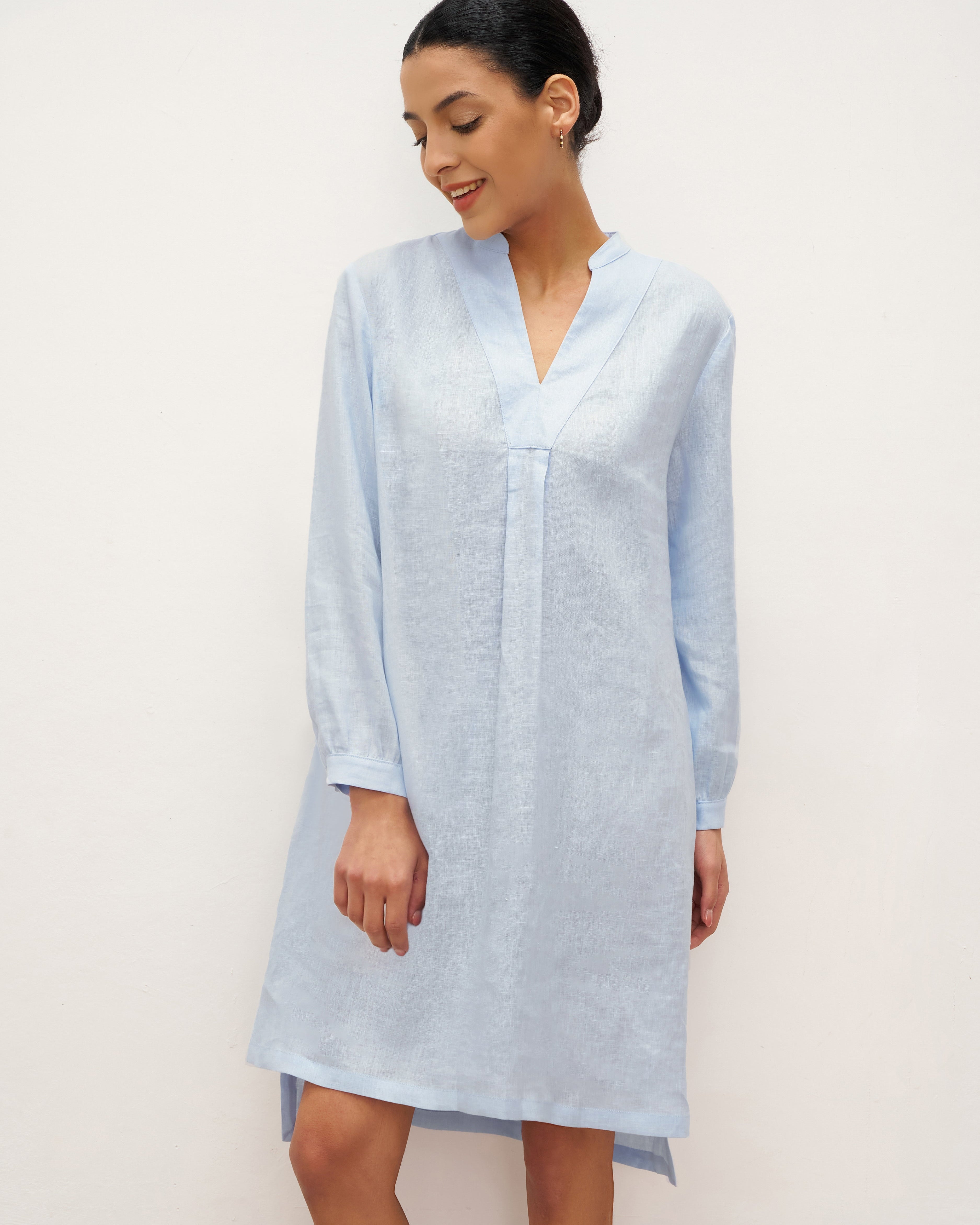 100% Linen V-Neck Pullover Shirt Dress JADEN - DRESSES-Linen Mini