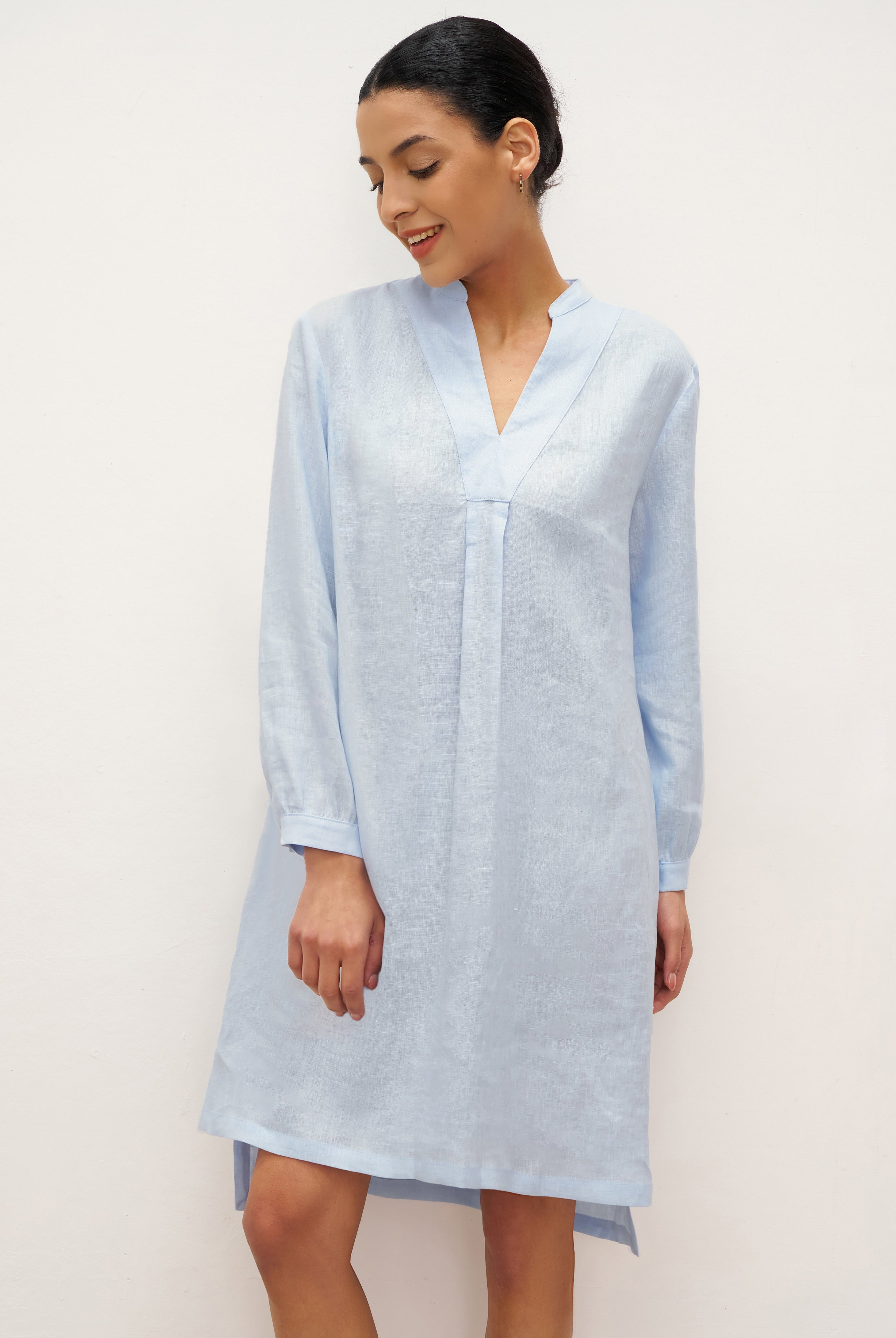 100% Linen V-Neck Pullover Shirt Dress JADEN - DRESSES-Linen Mini