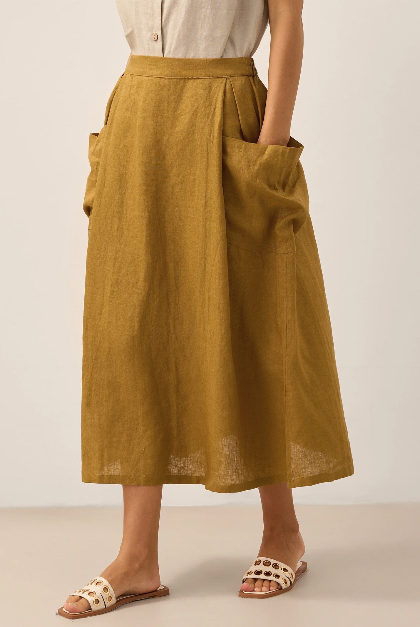 Linen-Cotton Elastic Waist Skirt MARINA by LINTICO for women