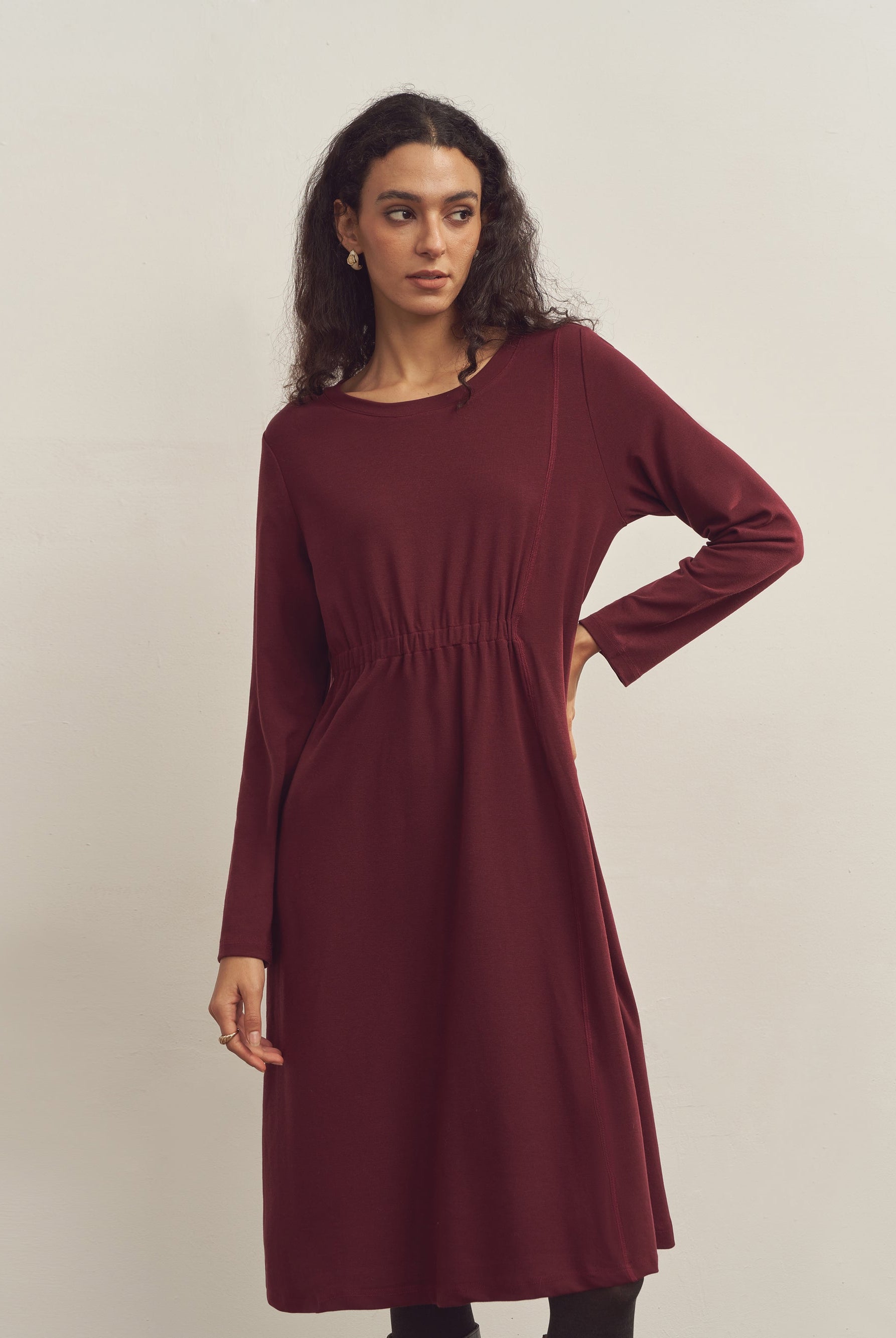Merino Wool Waist Shirring-Detail Dress