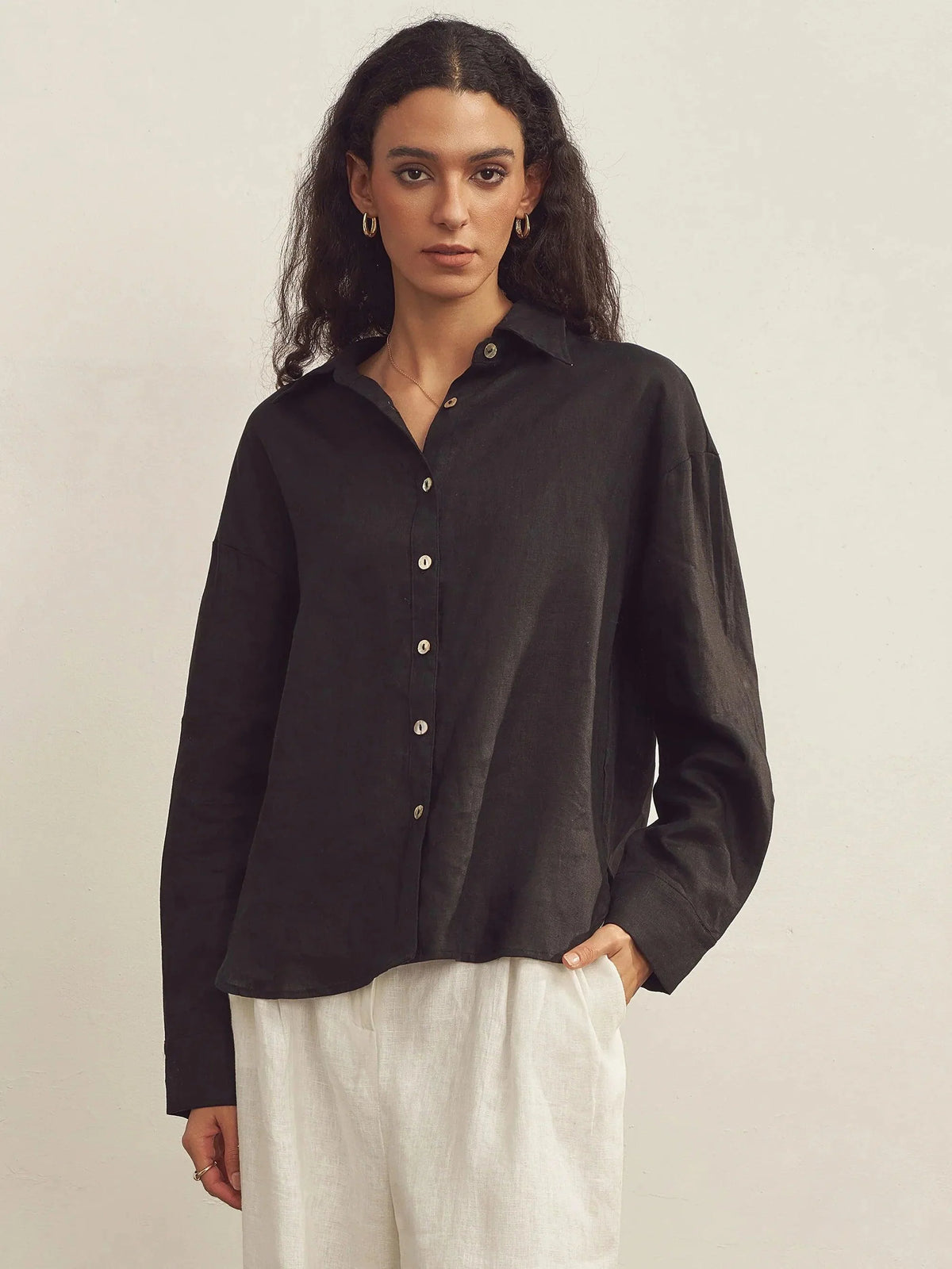 100% Linen Classic Collar Base Shirt JENNA - Charcoal Black / S - TOPS-Linen Button Down Shirts