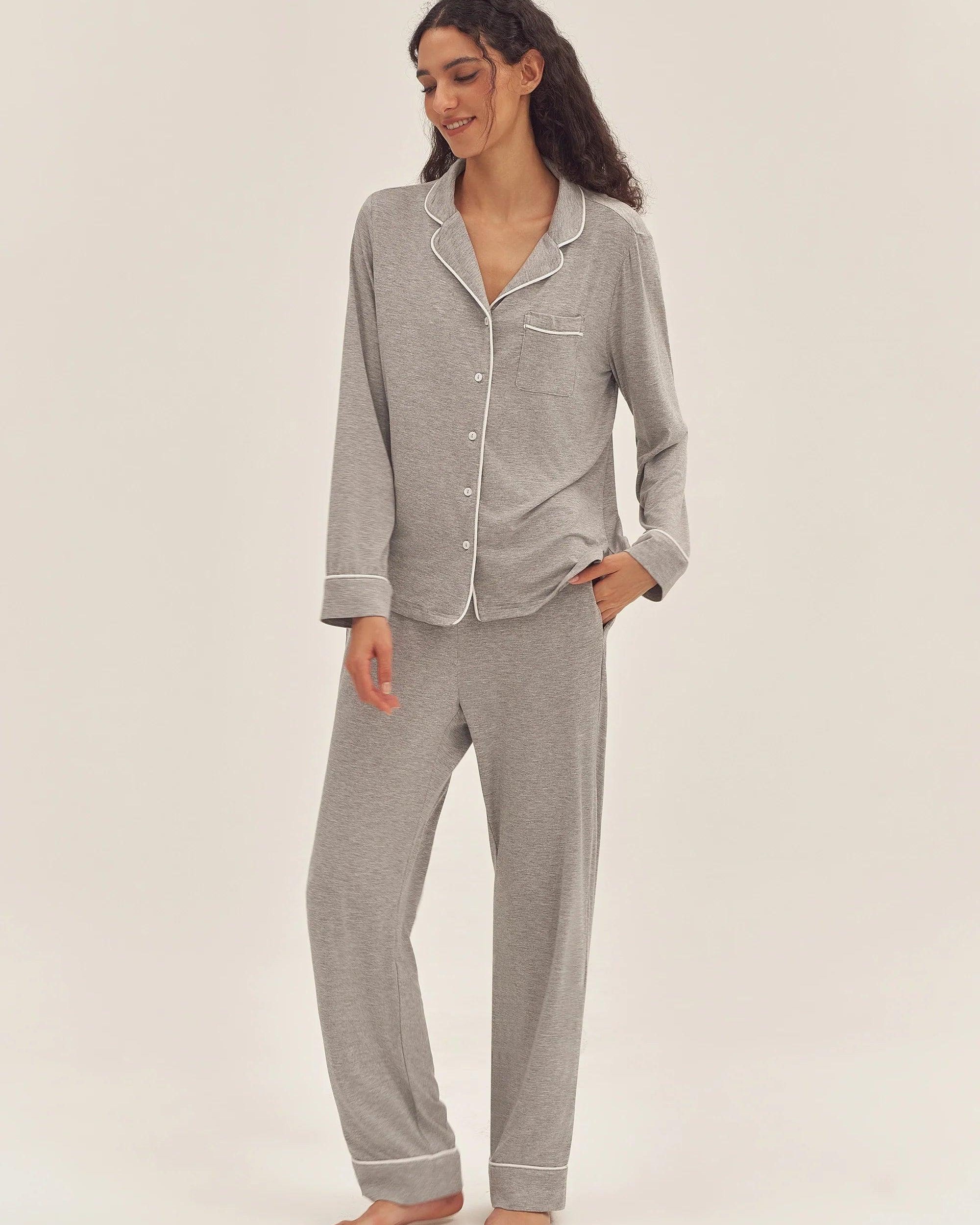 Long Sleeve Bamboo Pajama Set Adeline - Cloud Grey / Sets / S - LOUNGEWEAR-Bamboo PJS