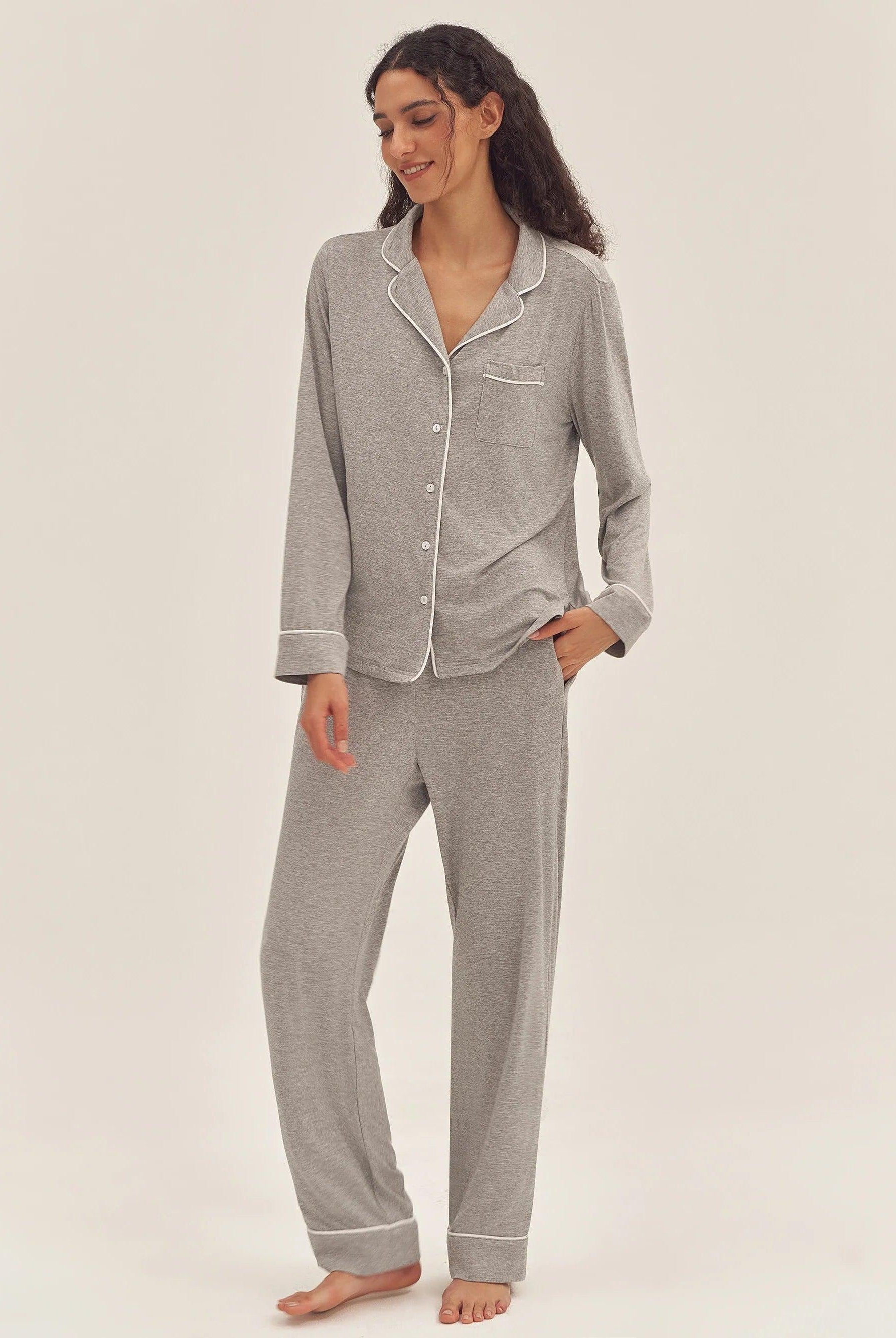 Long Sleeve Bamboo Pajama Set Adeline - Cloud Grey / Sets / S - LOUNGEWEAR-Bamboo PJS