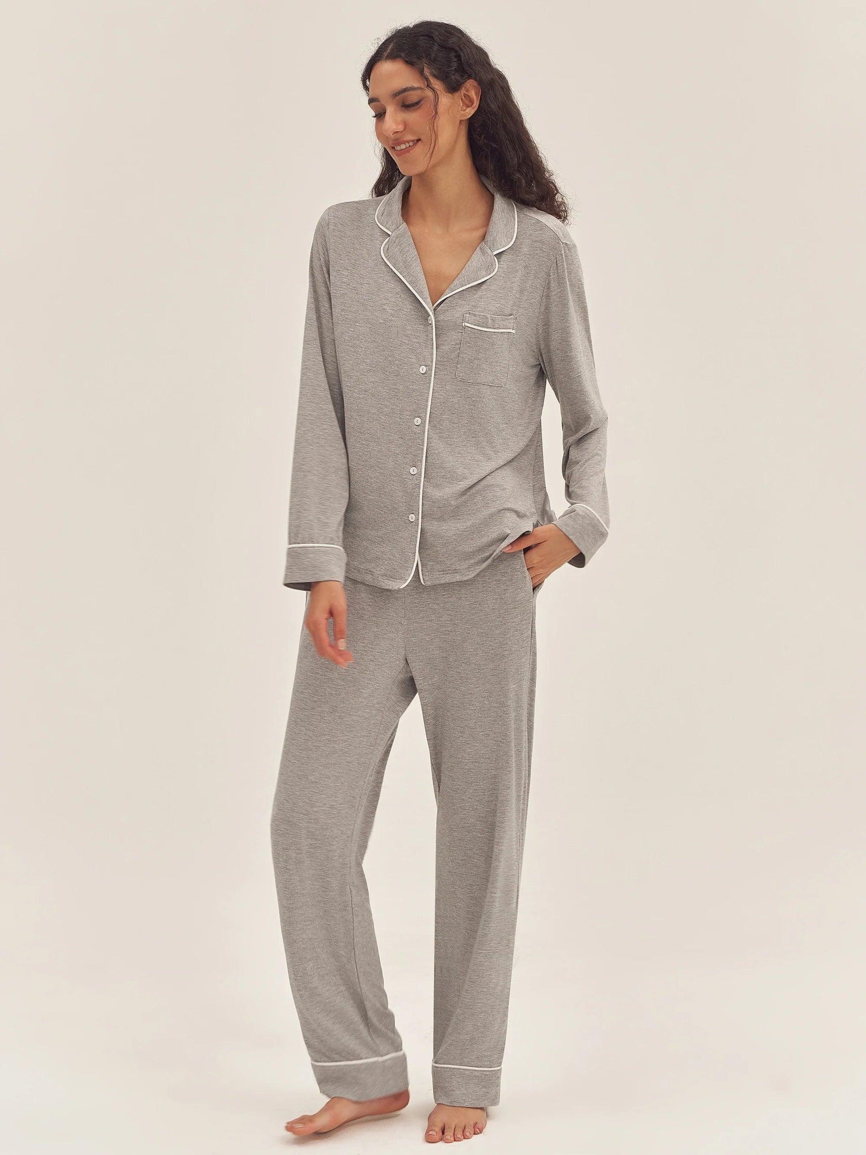 Long Sleeve Bamboo Viscose Pajama Set Adeline - Cloud Grey / Sets / S - LOUNGEWEAR-Bamboo Viscose PJS