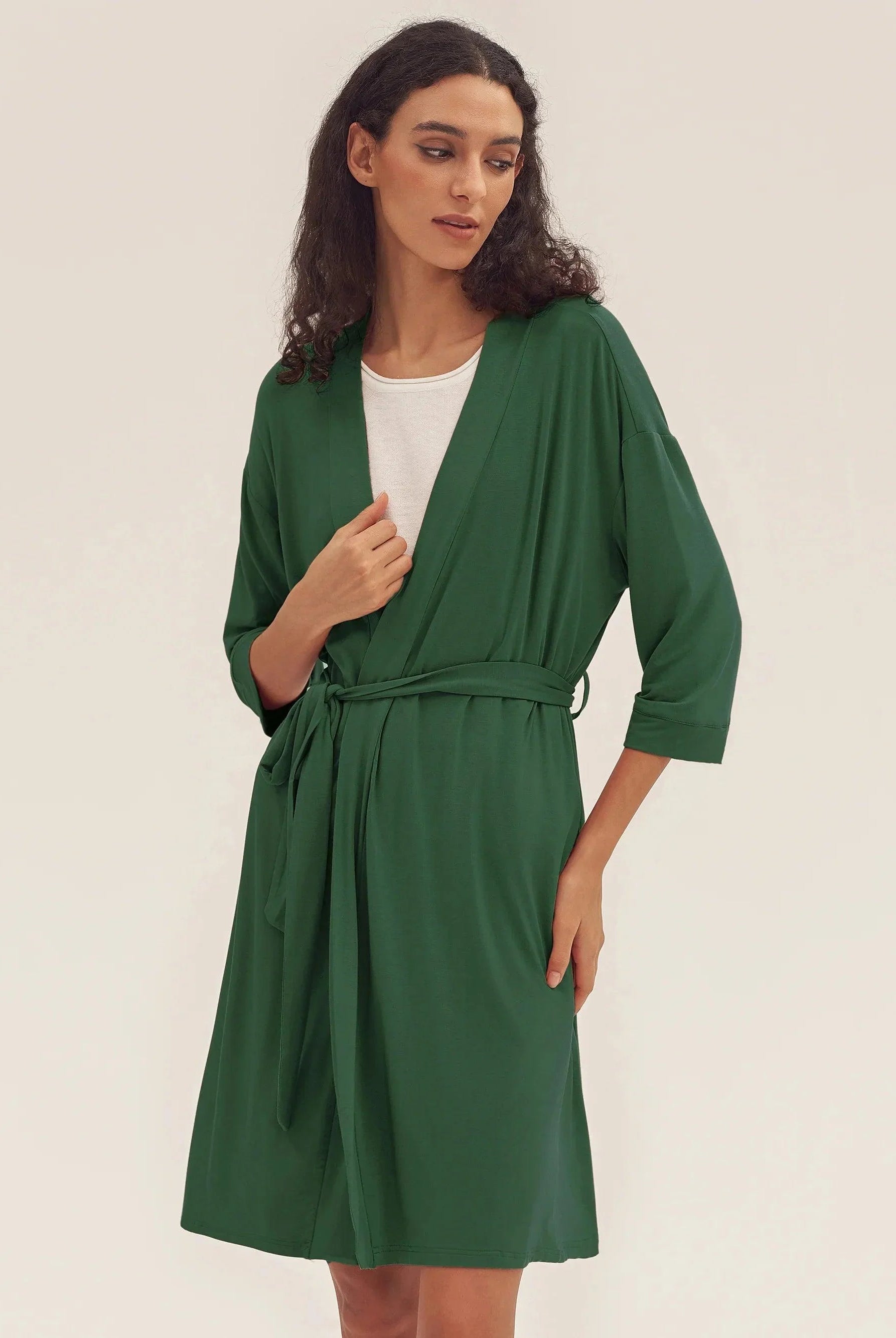 Bamboo Kimono Robe EVE - Evergreen / S - LOUNGEWEAR-Bamboo PJS