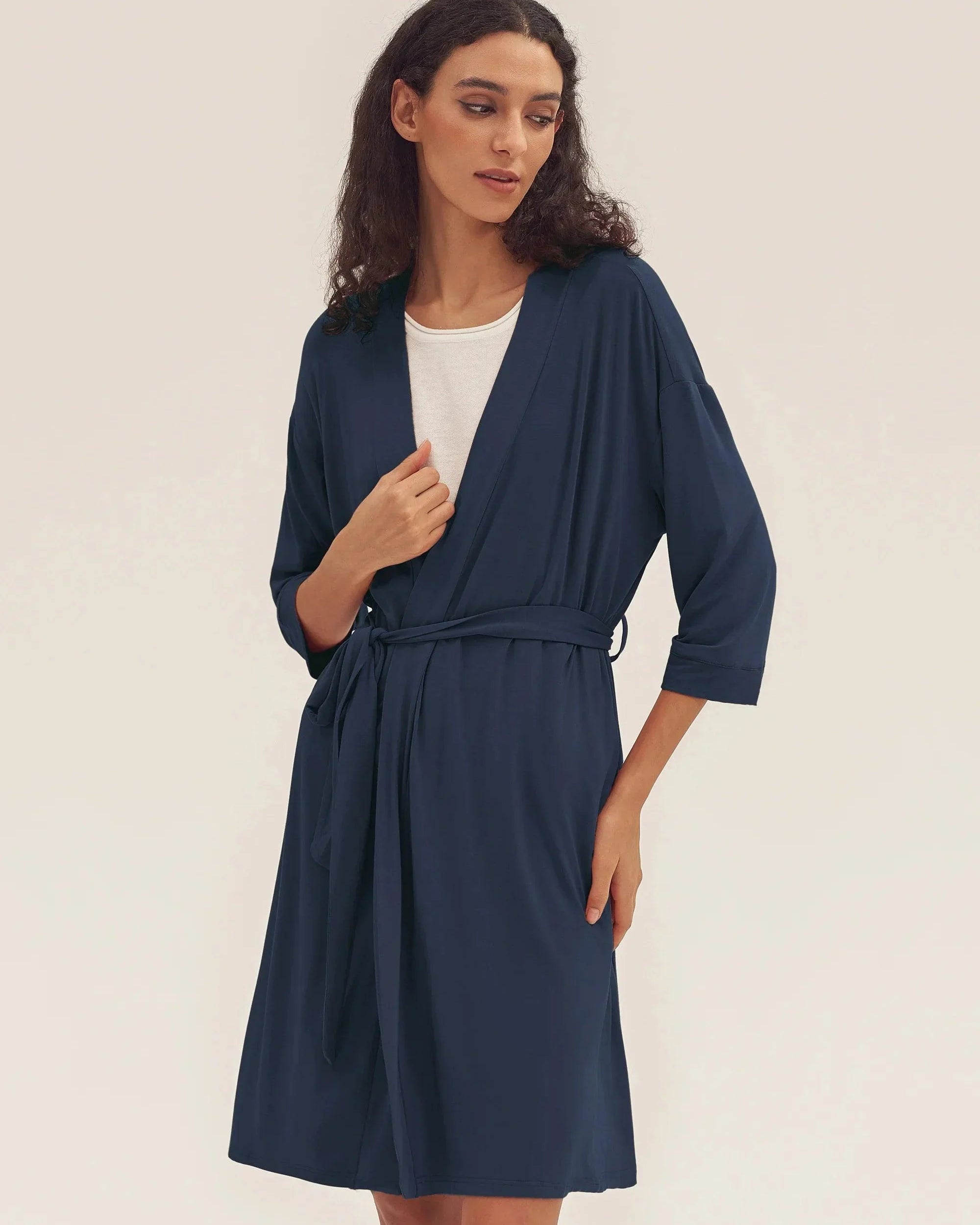 Bamboo Kimono Robe EVE - Navy Blue / S - LOUNGEWEAR-Bamboo PJS