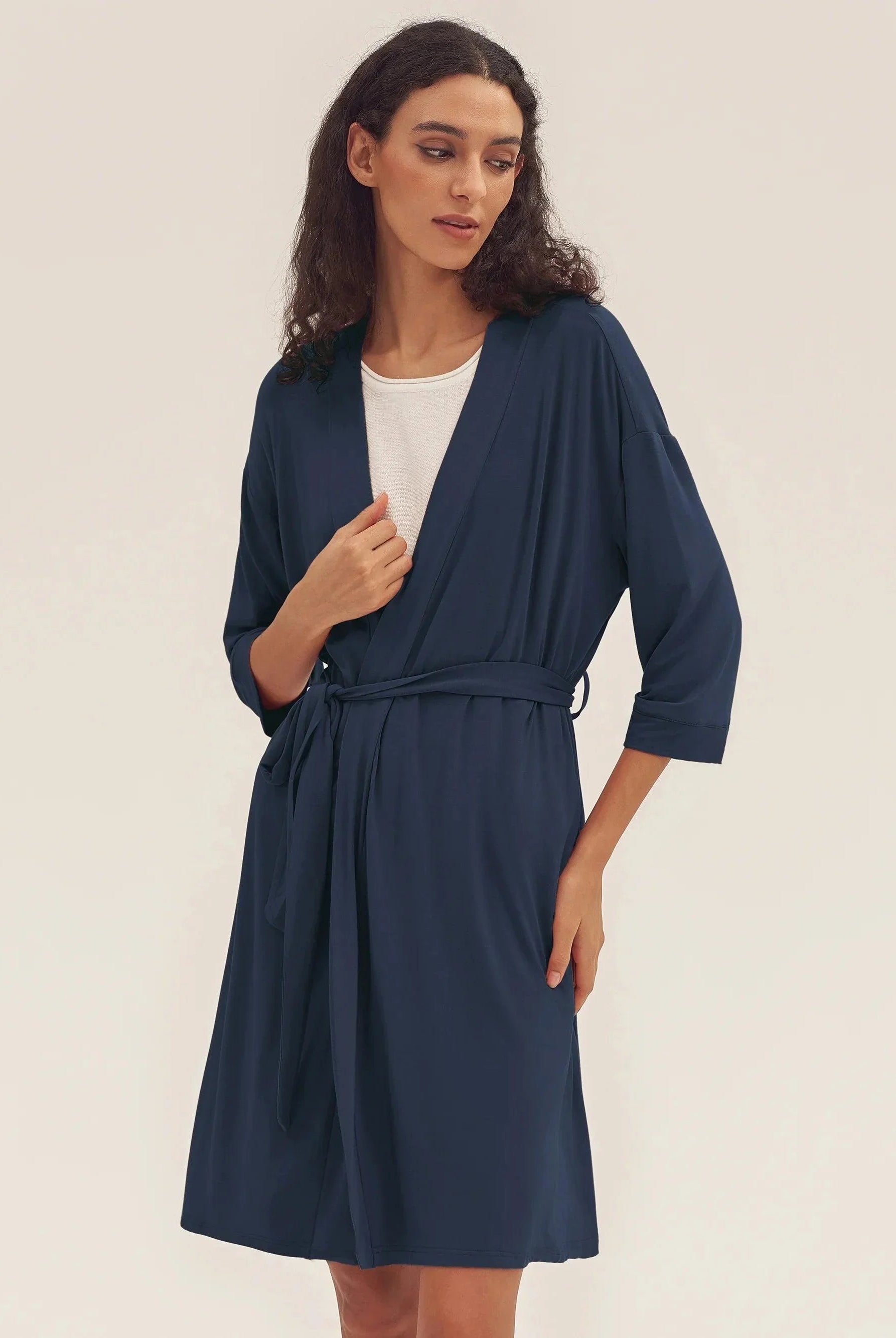 Bamboo Kimono Robe EVE - Navy Blue / S - LOUNGEWEAR-Bamboo PJS