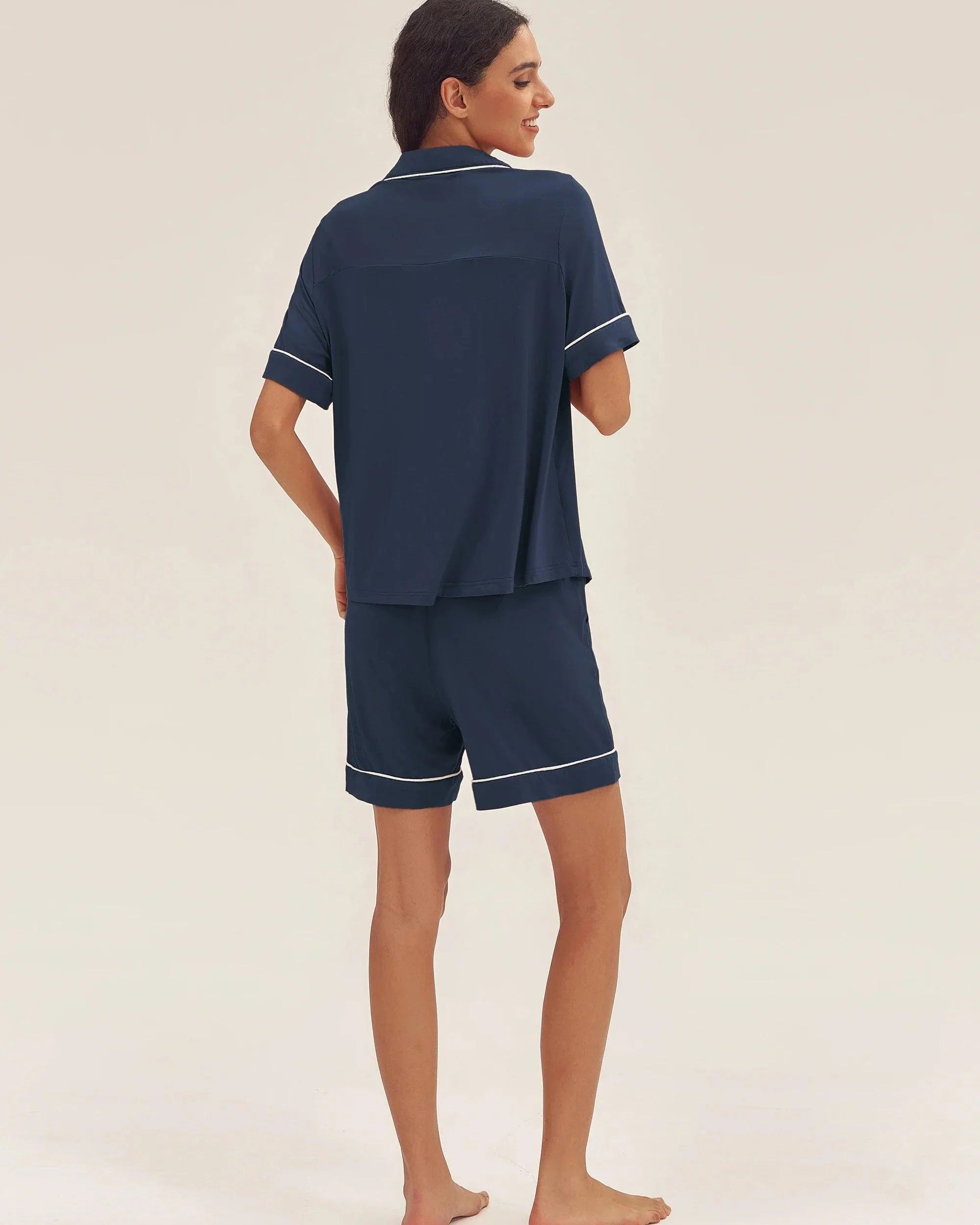 Short Sleeve Bamboo Pajama Set ODESSA - Navy Blue / Bottoms / S - LOUNGEWEAR-Bamboo PJS