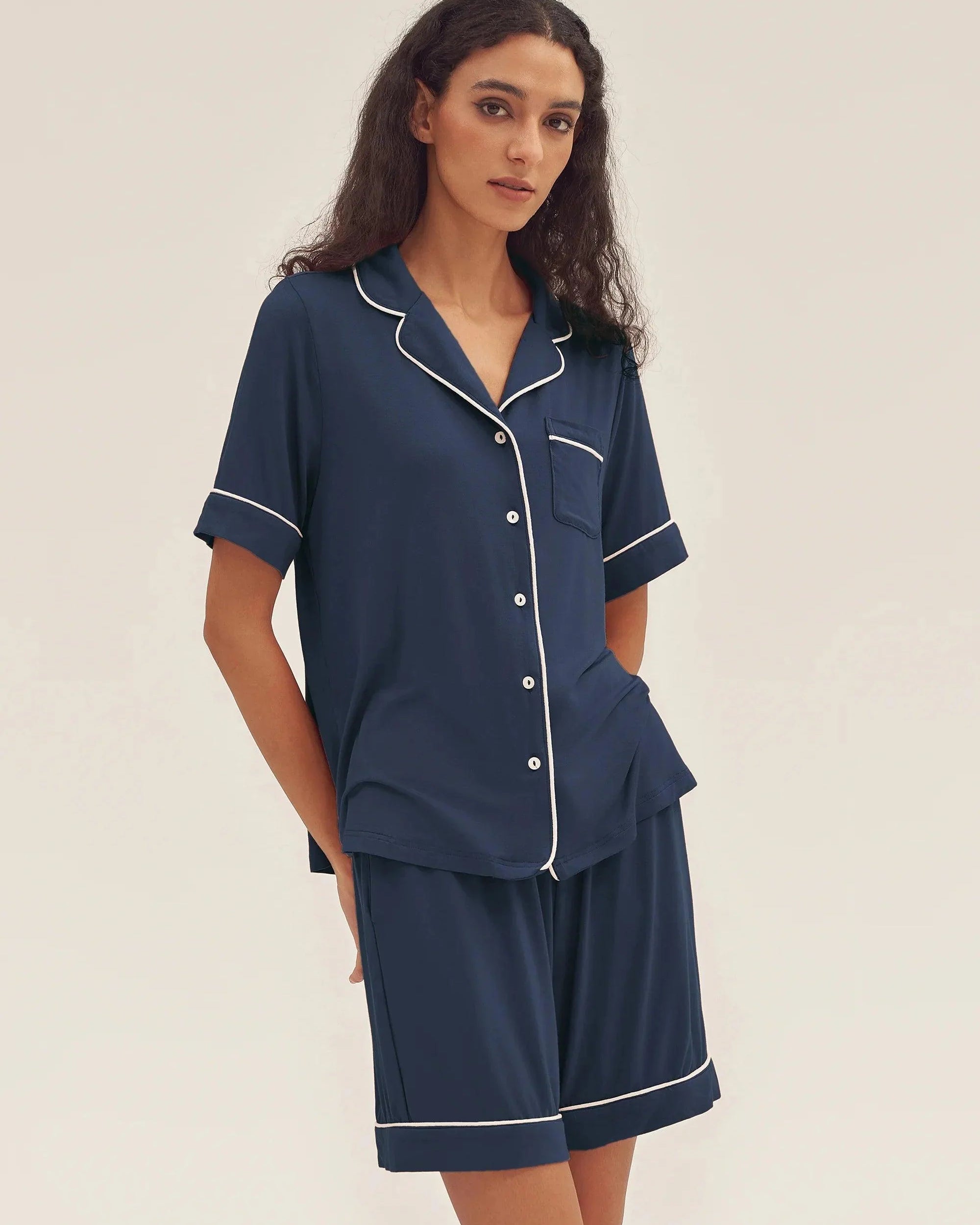 Short Sleeve Bamboo Pajama Set ODESSA - Navy Blue / Tops / S - LOUNGEWEAR-Bamboo PJS