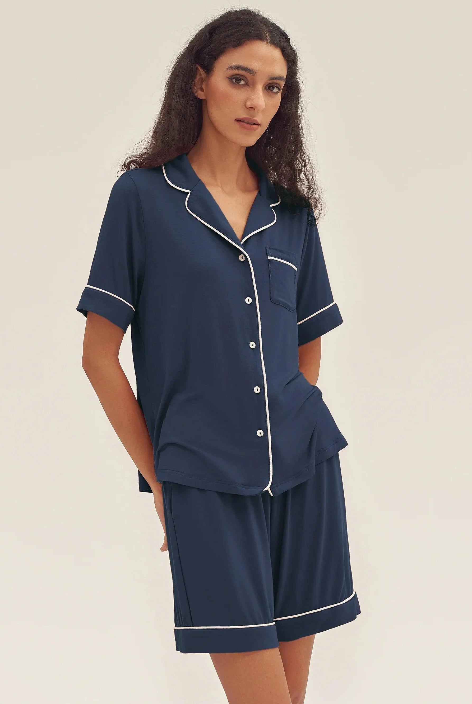 Short Sleeve Bamboo Pajama Set ODESSA - Navy Blue / Tops / S - LOUNGEWEAR-Bamboo PJS