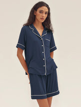 Short Sleeve Bamboo Viscose Pajama Set ODESSA - Navy Blue / Tops / S - LOUNGEWEAR-Bamboo Viscose PJS