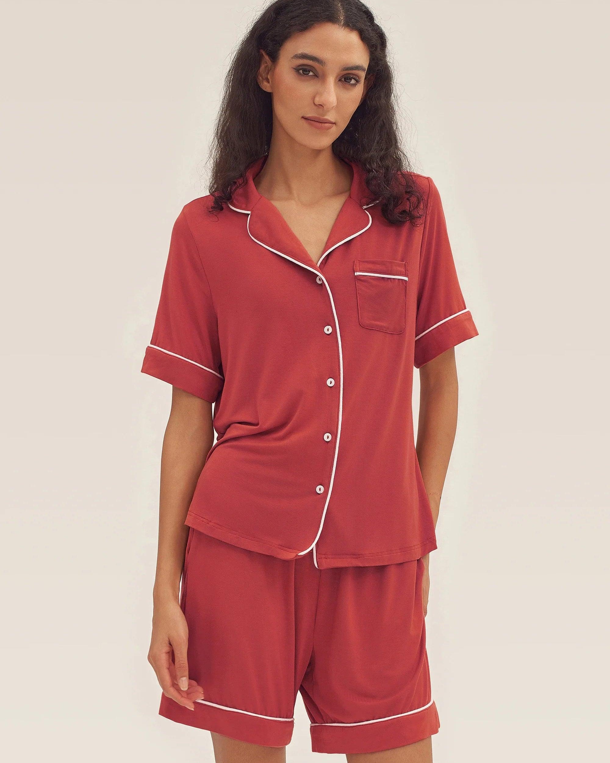 Short Sleeve Bamboo Pajama Set ODESSA - Christmas Red / Tops / S - LOUNGEWEAR-Bamboo PJS