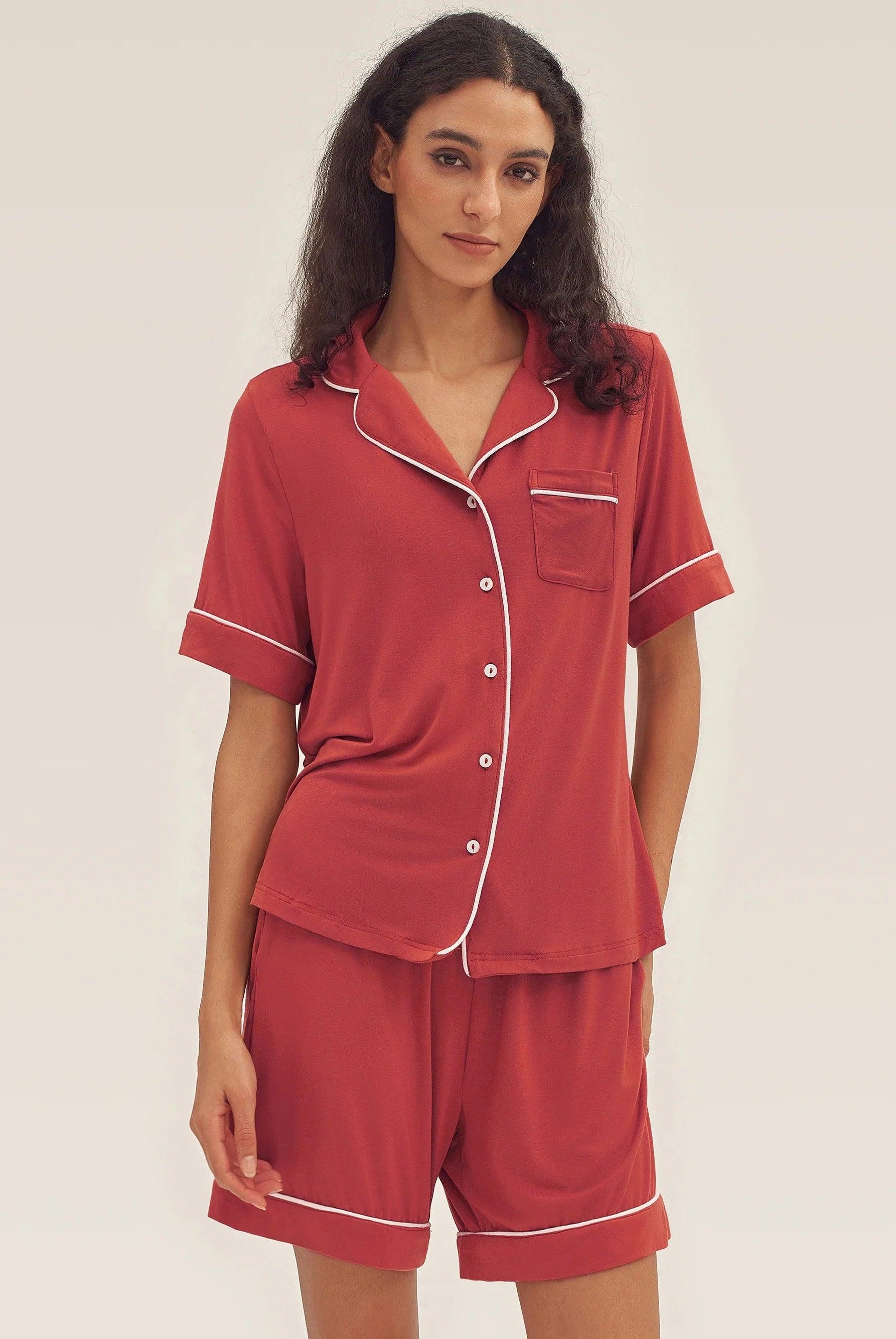 Short Sleeve Bamboo Pajama Set ODESSA - Christmas Red / Tops / S - LOUNGEWEAR-Bamboo PJS