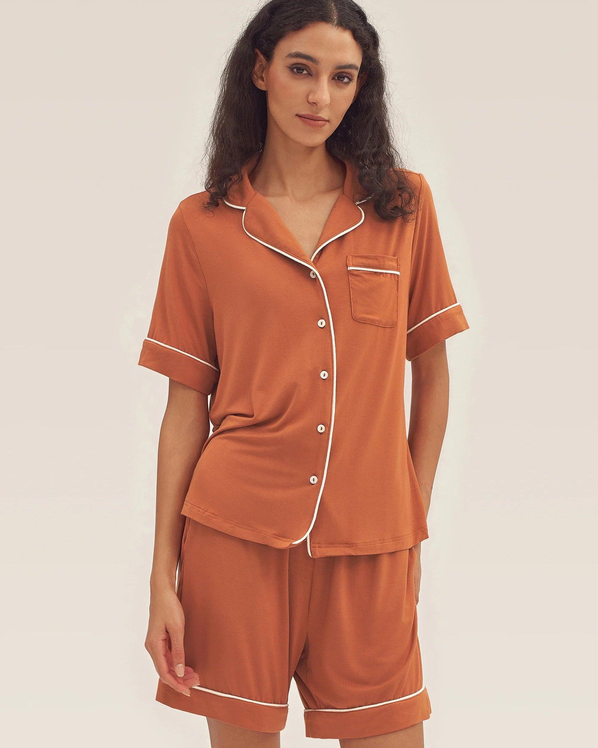 Short Sleeve Bamboo Pajama Set ODESSA - Halloween Orange / Tops / S - LOUNGEWEAR-Bamboo PJS