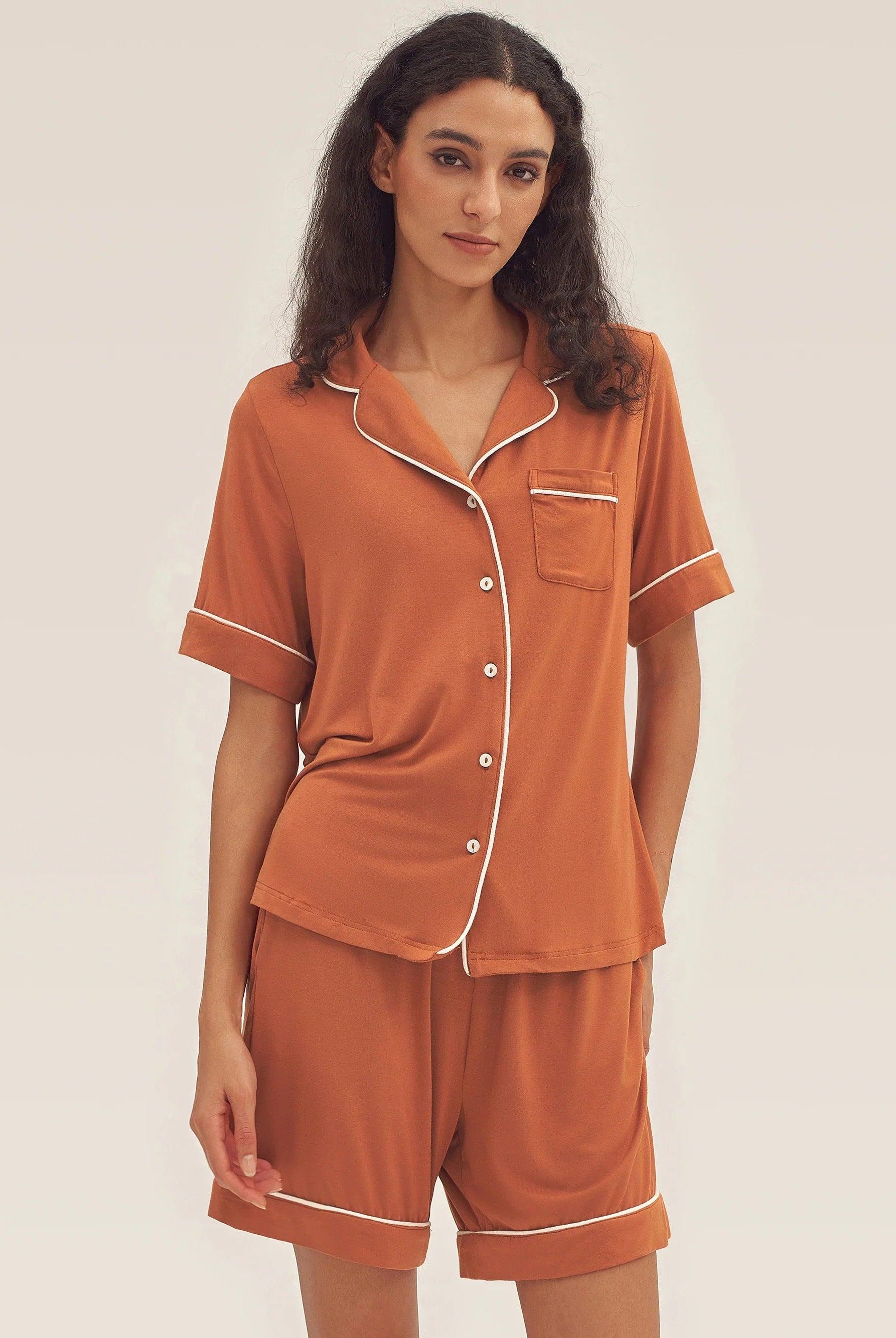 Short Sleeve Bamboo Pajama Set ODESSA - Halloween Orange / Tops / S - LOUNGEWEAR-Bamboo PJS