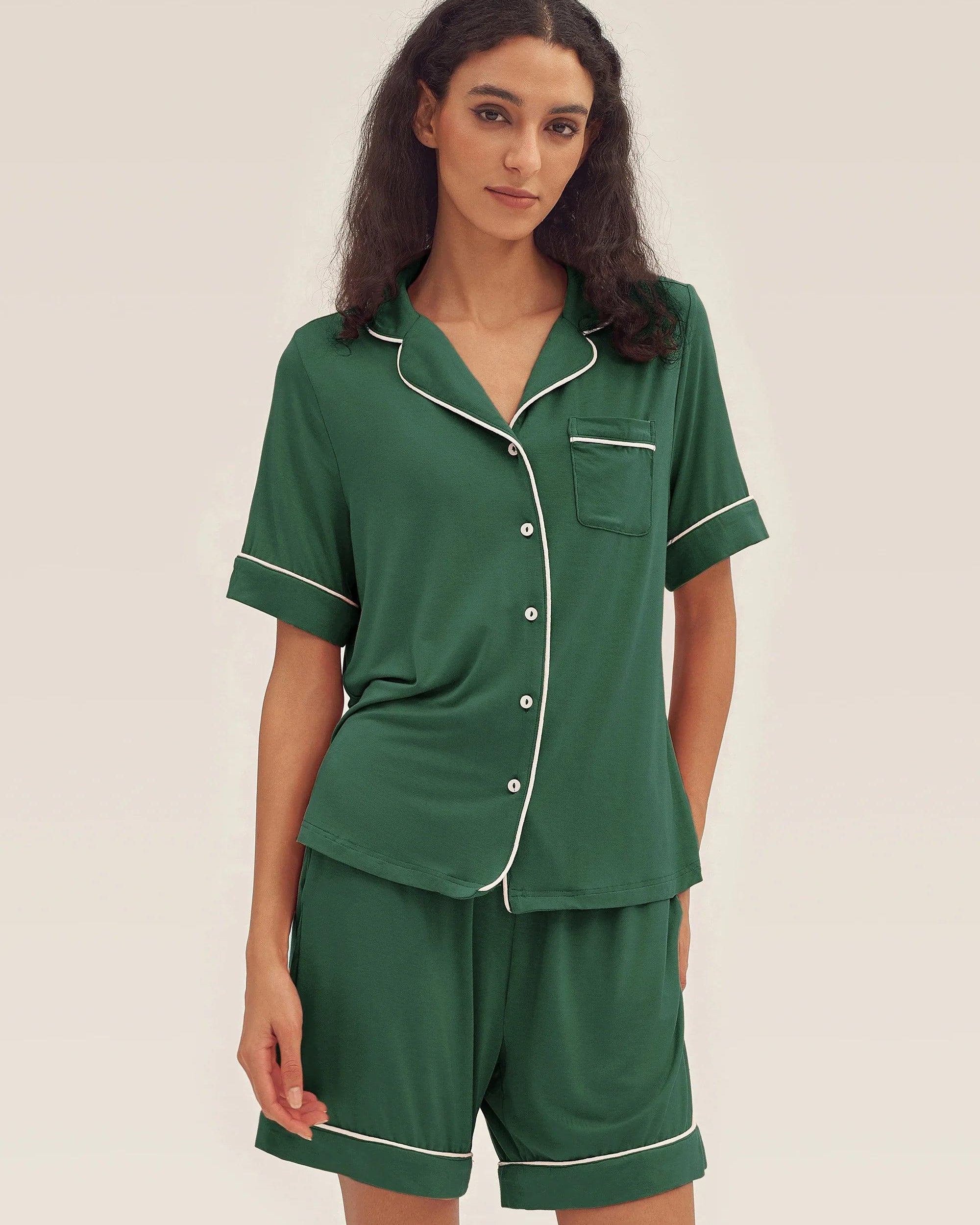 Short Sleeve Bamboo Pajama Set ODESSA - Evergreen / Tops / S - LOUNGEWEAR-Bamboo PJS