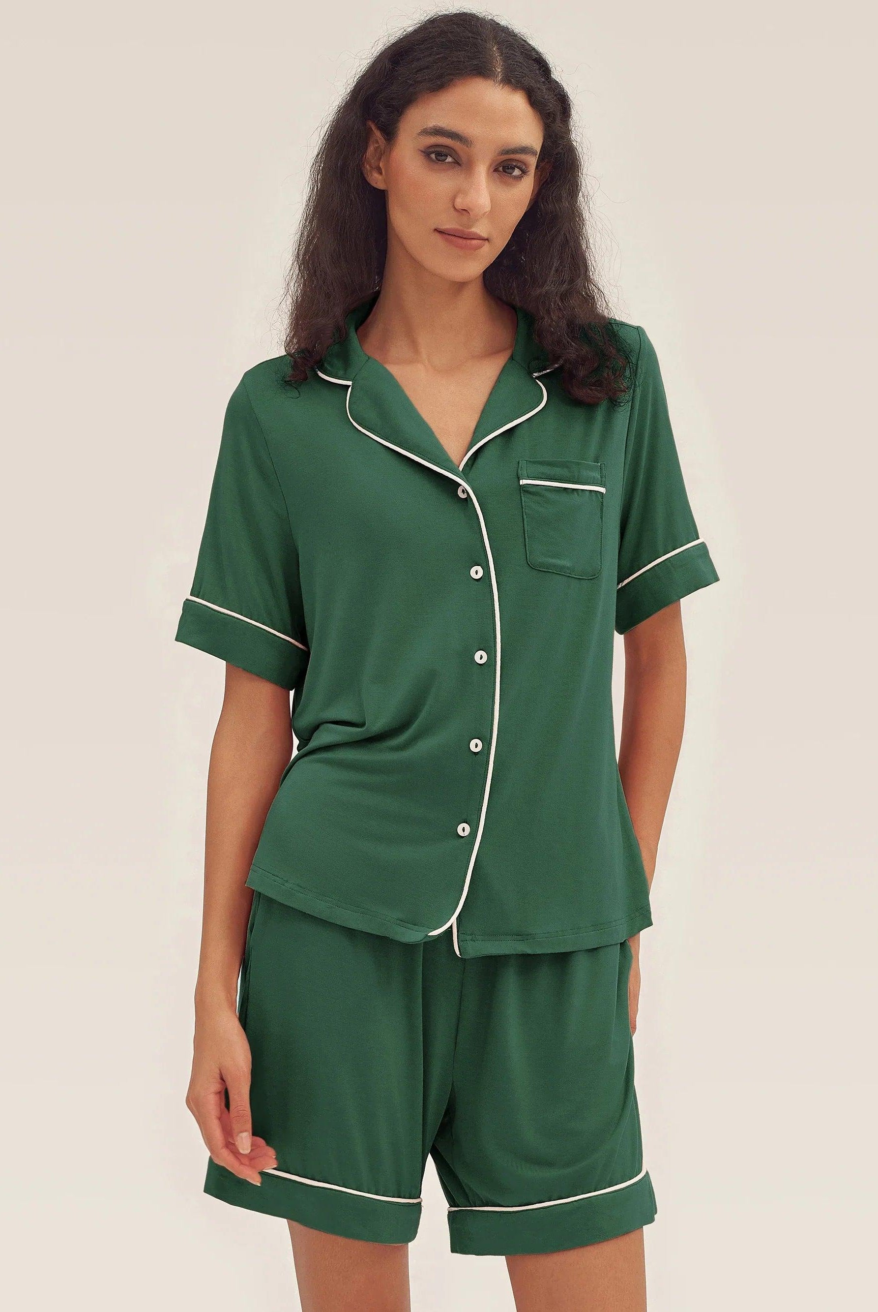 Short Sleeve Bamboo Pajama Set ODESSA - Evergreen / Tops / S - LOUNGEWEAR-Bamboo PJS