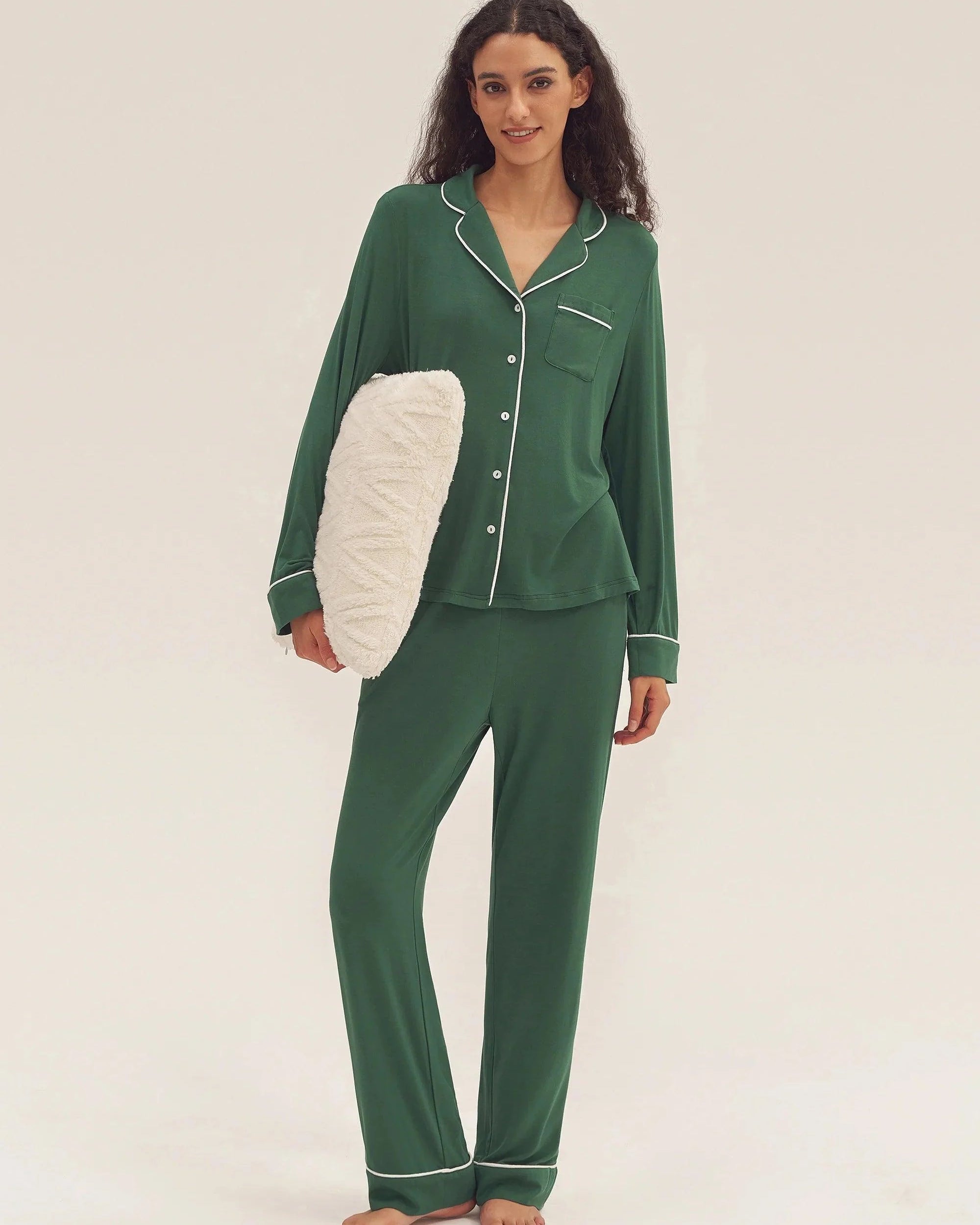 Long Sleeve Bamboo Pajama Set Adeline - Evergreen / Sets / S - LOUNGEWEAR-Bamboo PJS