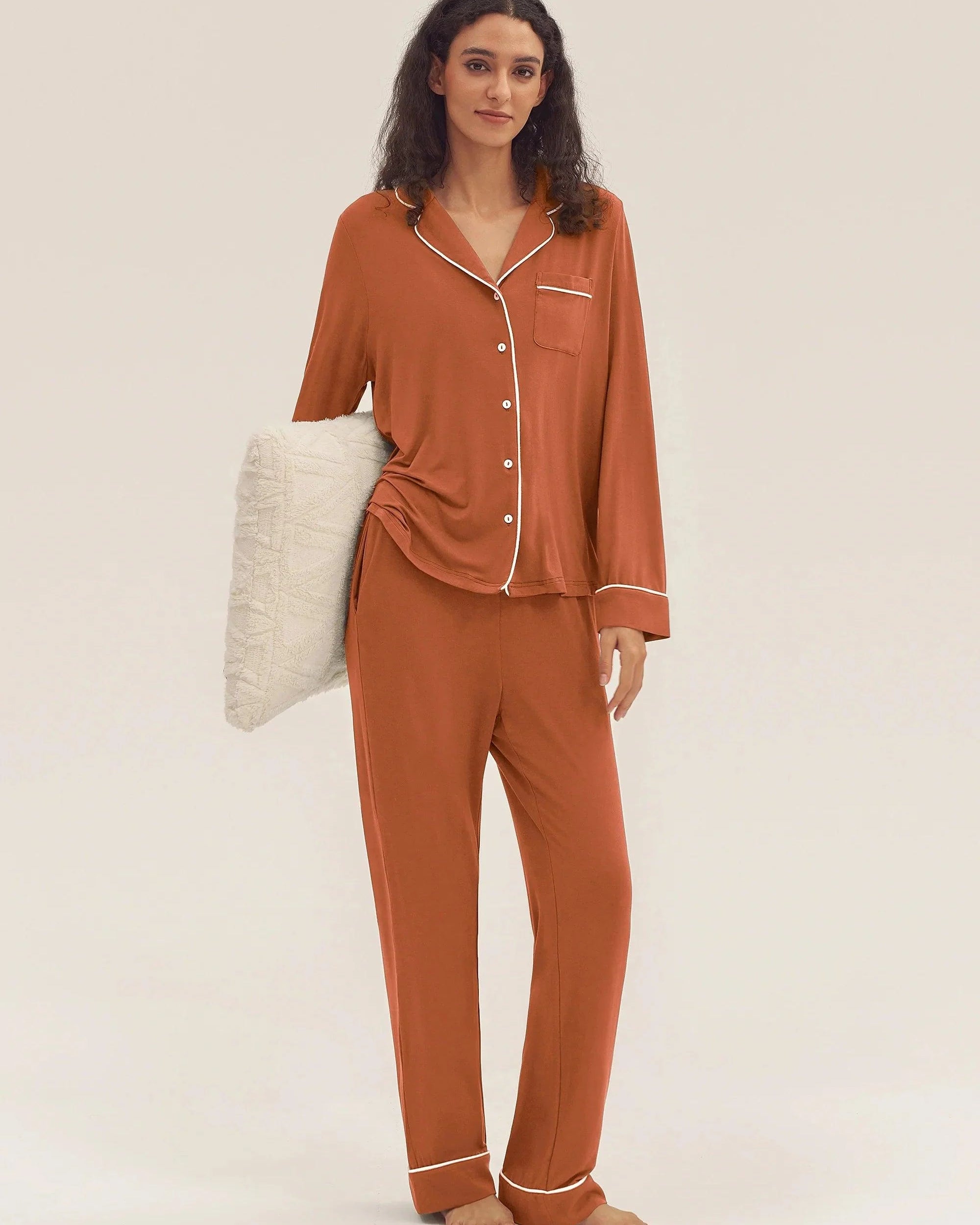 Long Sleeve Bamboo Pajama Set Adeline - Halloween Orange / Sets / S - LOUNGEWEAR-Bamboo PJS
