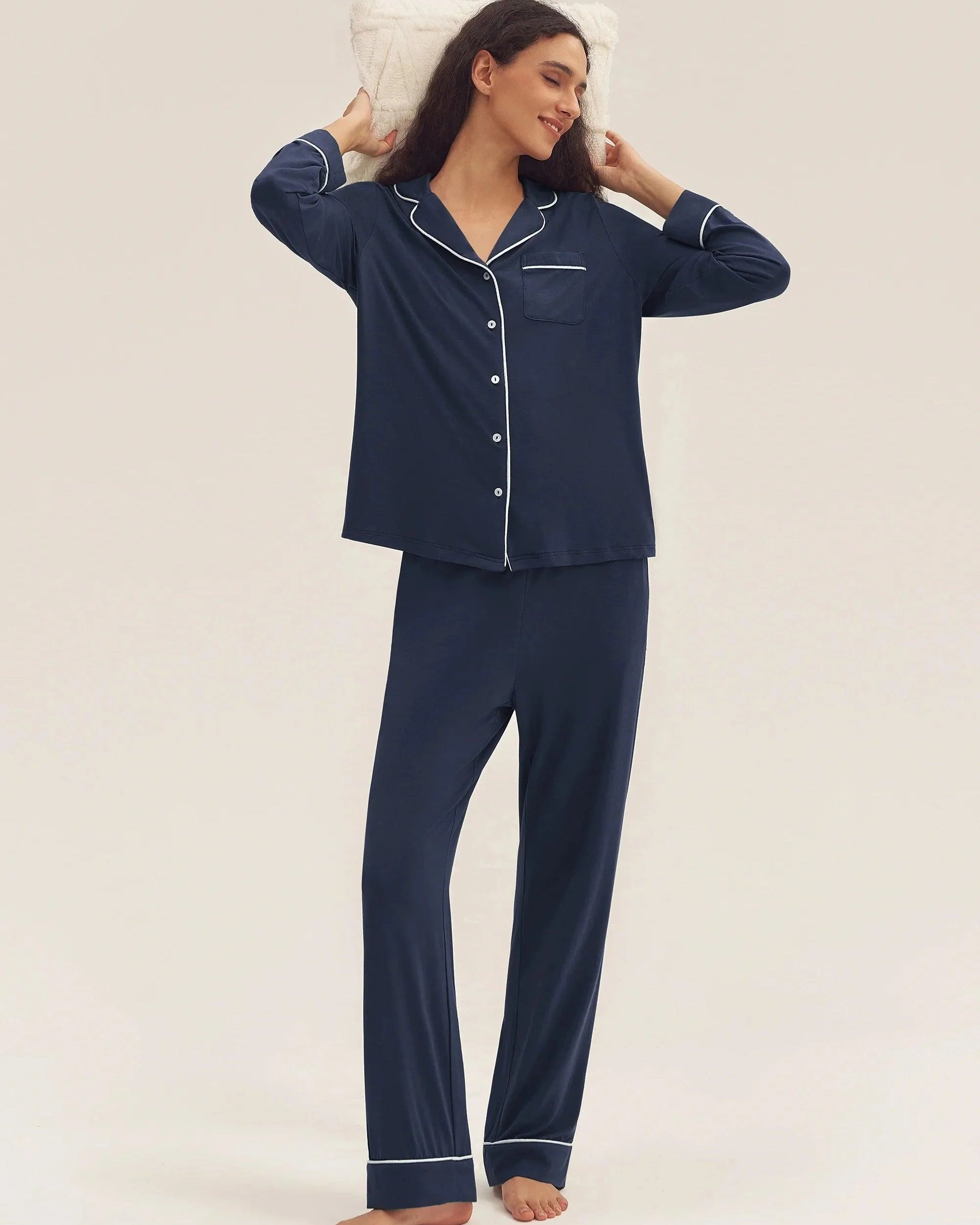 Long Sleeve Bamboo Pajama Set Adeline - Navy Blue / Sets / S - LOUNGEWEAR-Bamboo PJS