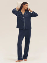 Long Sleeve Bamboo Viscose Pajama Set Adeline - Navy Blue / Sets / S - LOUNGEWEAR-Bamboo Viscose PJS