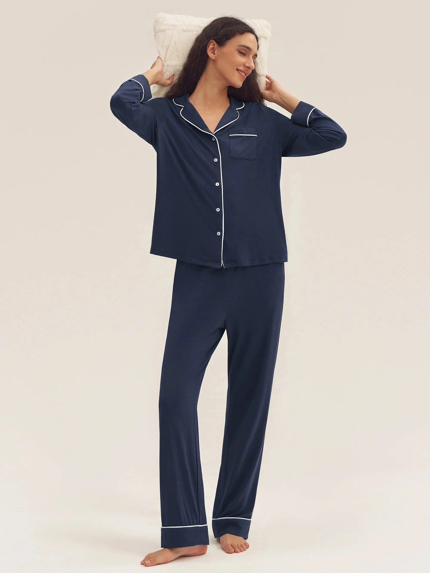 Long Sleeve Bamboo Viscose Pajama Set Adeline - Navy Blue / Sets / S - LOUNGEWEAR-Bamboo Viscose PJS