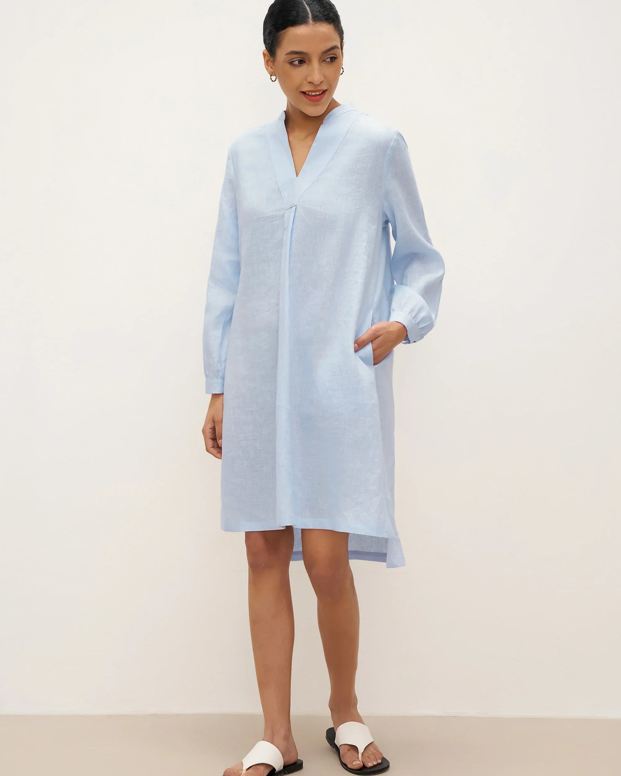 100% Linen V-Neck Pullover Shirt Dress JADEN - DRESSES-Linen Mini