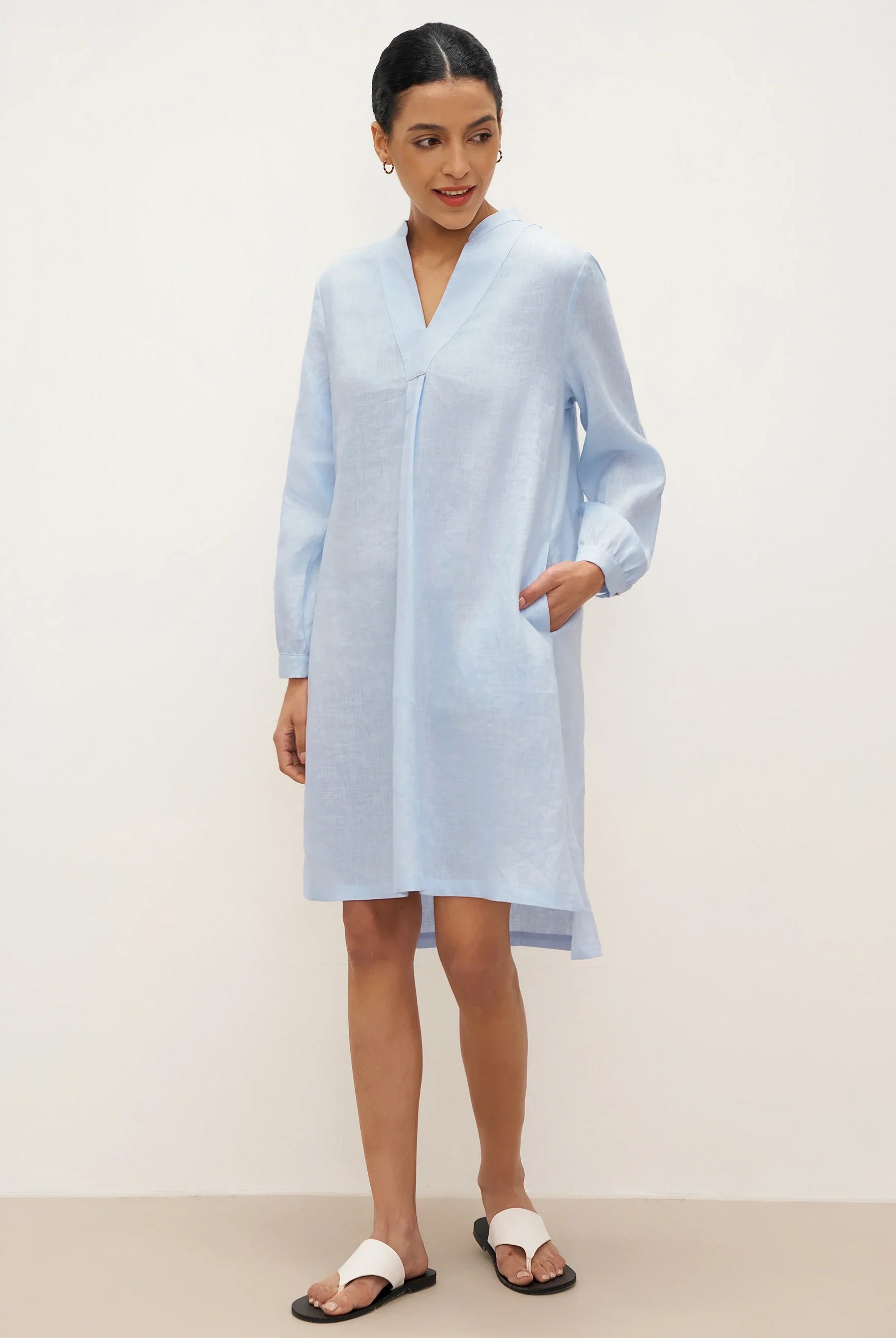 100% Linen V-Neck Pullover Shirt Dress JADEN - DRESSES-Linen Mini