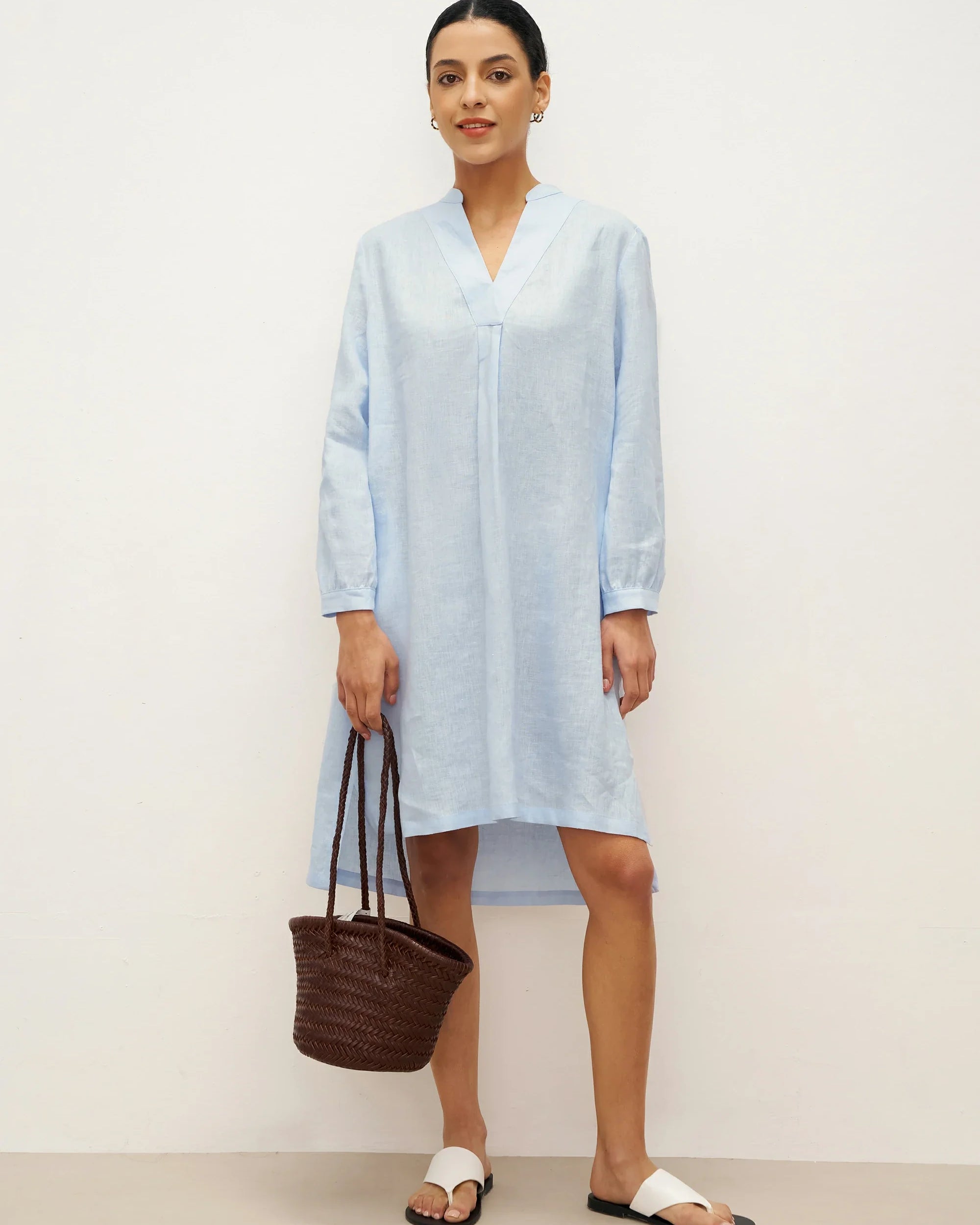100% Linen V-Neck Pullover Shirt Dress JADEN - Ice Blue / S - DRESSES-Linen Mini