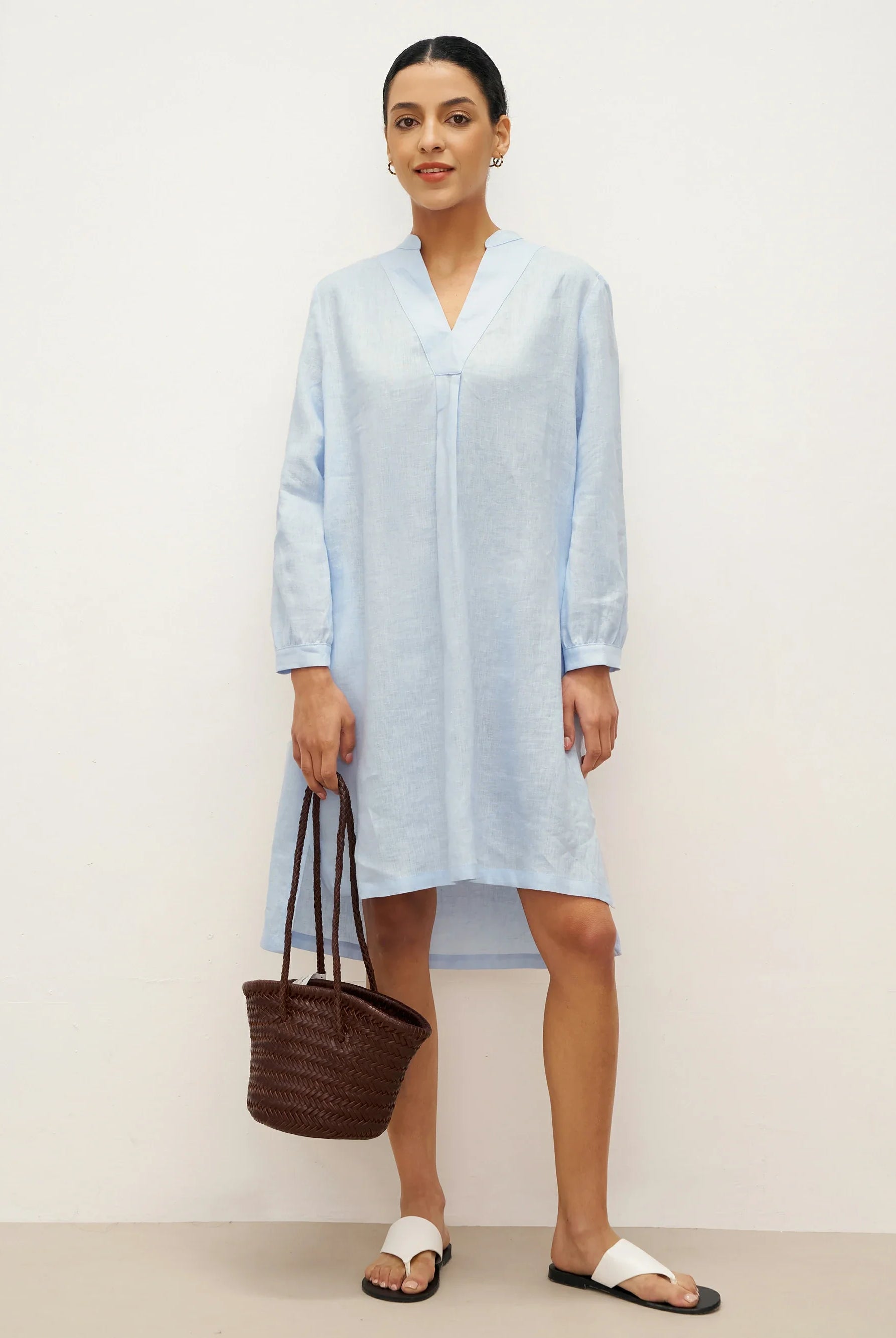 100% Linen V-Neck Pullover Shirt Dress JADEN - Ice Blue / S - DRESSES-Linen Mini