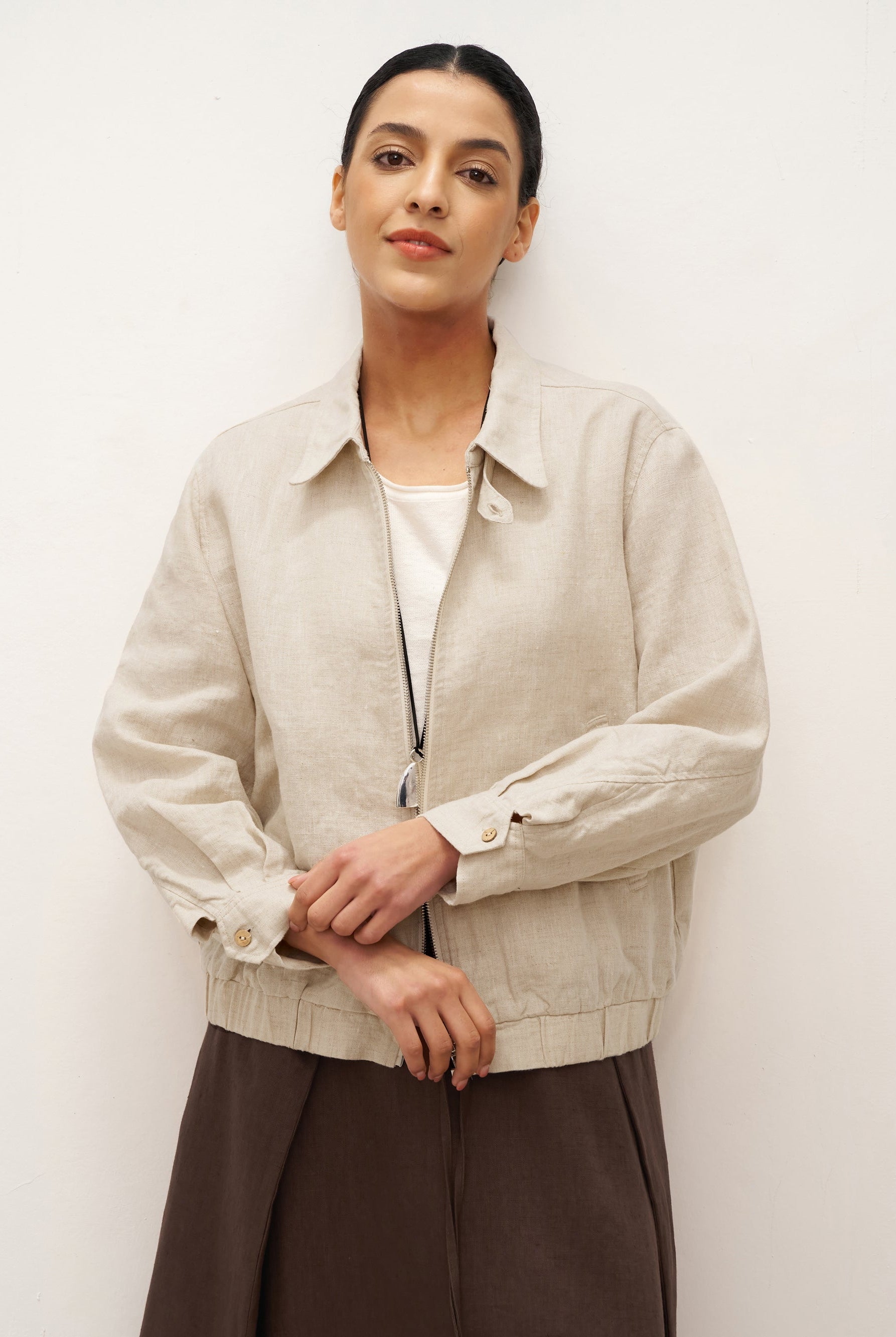 100% Linen Zipper Aviator Jacket ELIZA - Natural / S - TOPS-Linen Jackets