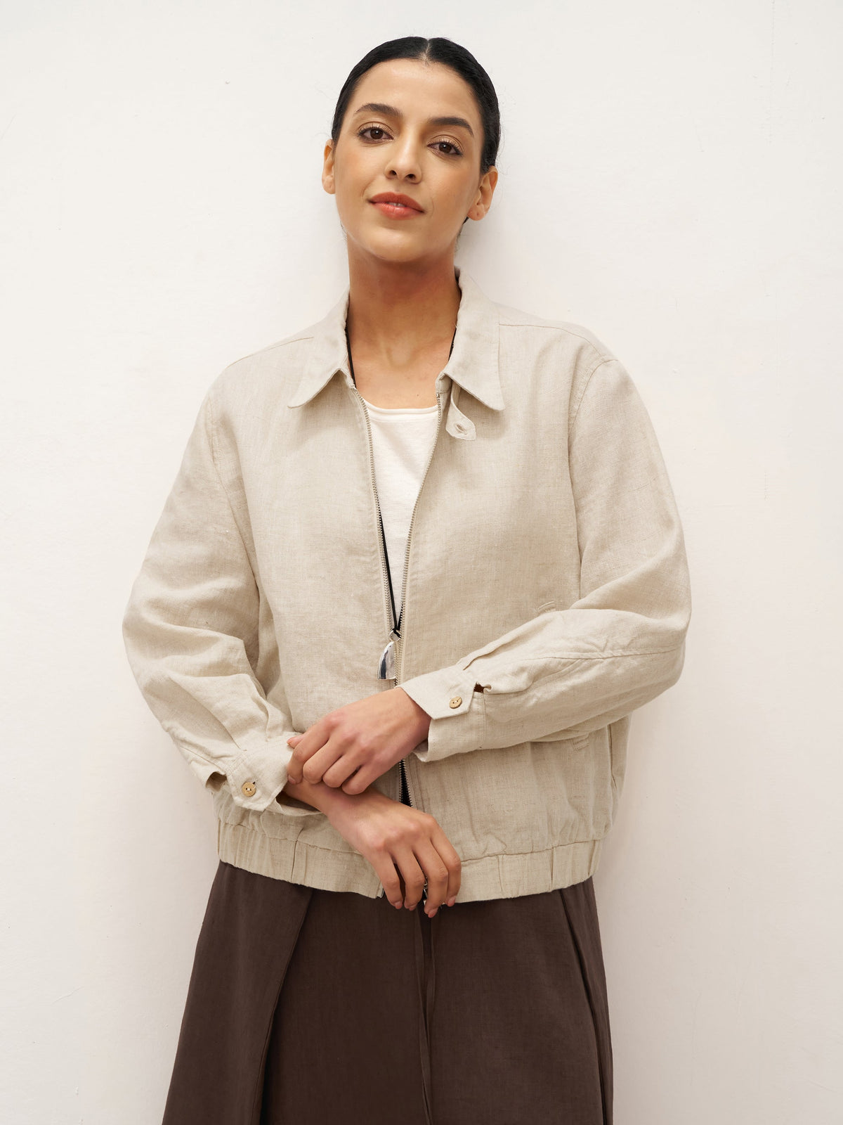 100% Linen Zipper Aviator Jacket ELIZA - Natural / S - TOPS-Linen Jackets