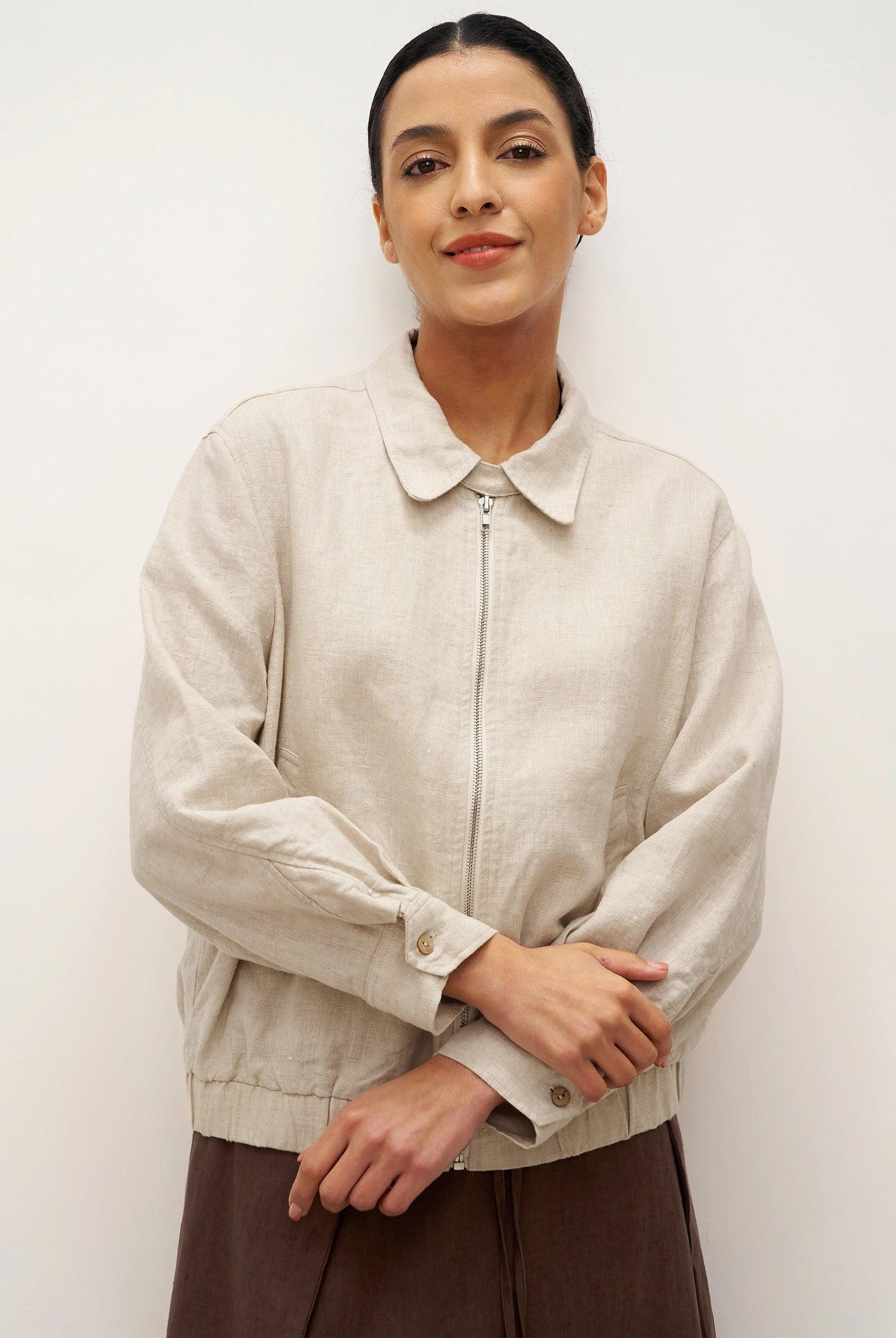 100% Linen Zipper Aviator Jacket ELIZA - TOPS-Linen Jackets