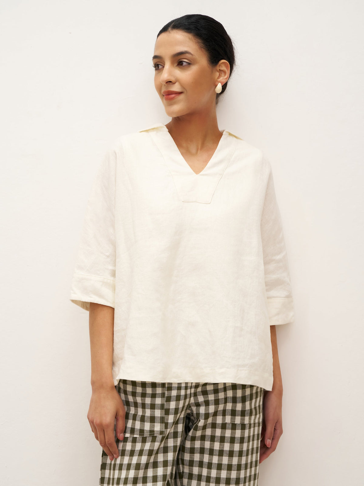 100% Linen V-Neck Oversized Pullover DANEE - TOPS-Linen Blouses