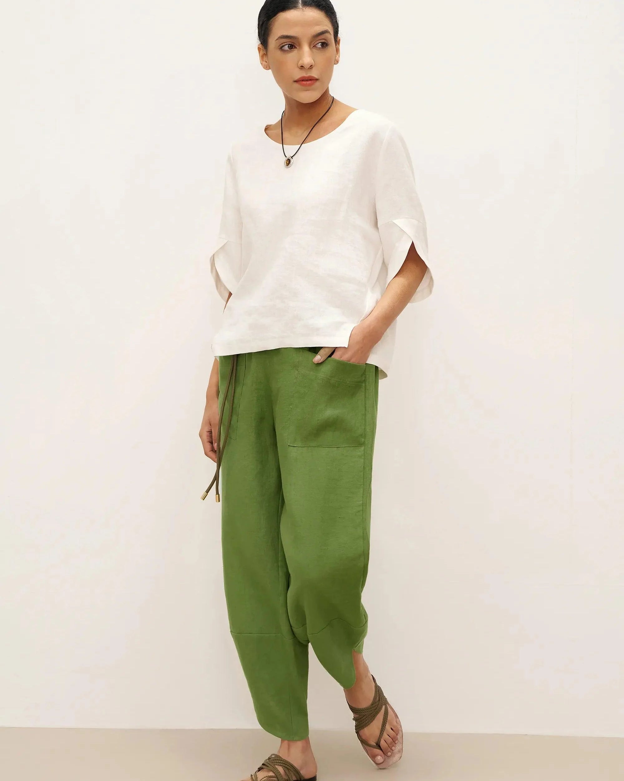 100% Linen Petal-Hem Trousers with Elastic Waist LIV - BOTTOMS-Linen Pants