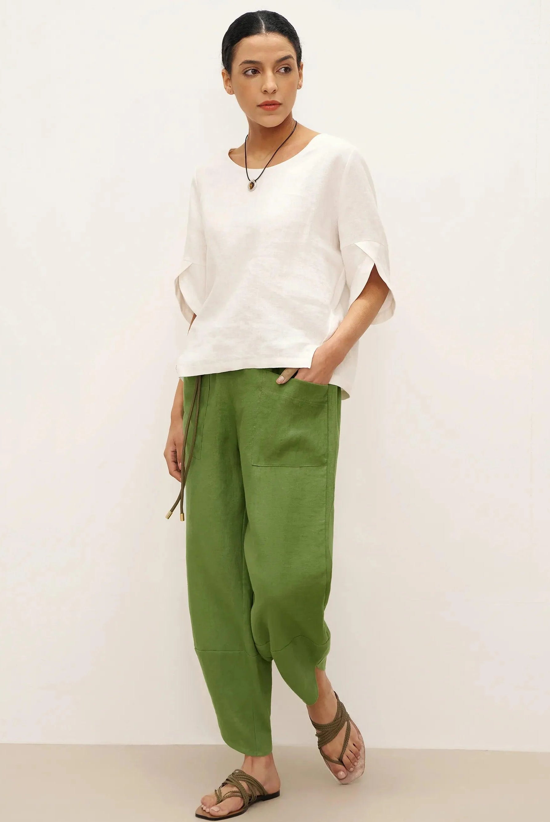 100% Linen Petal-Hem Trousers with Elastic Waist LIV - BOTTOMS-Linen Pants