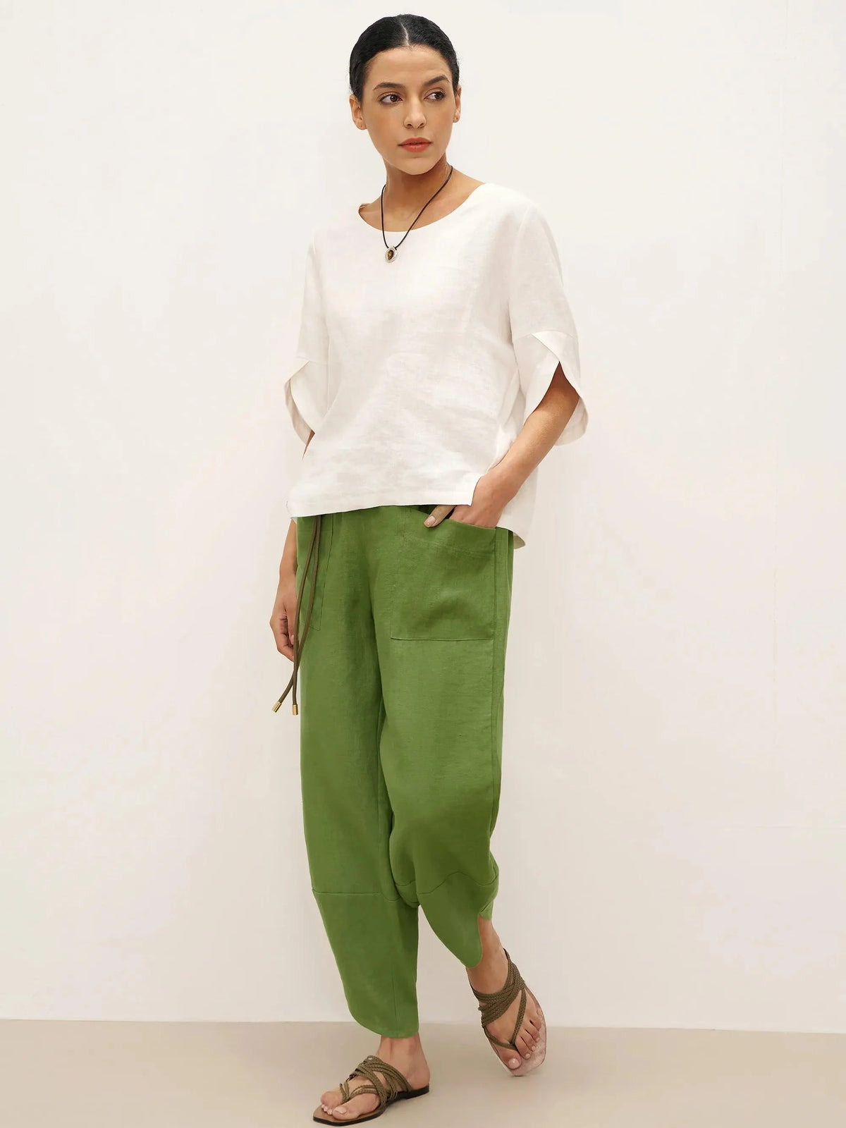 100% Linen Petal-Hem Trousers with Elastic Waist LIV - BOTTOMS-Linen Pants